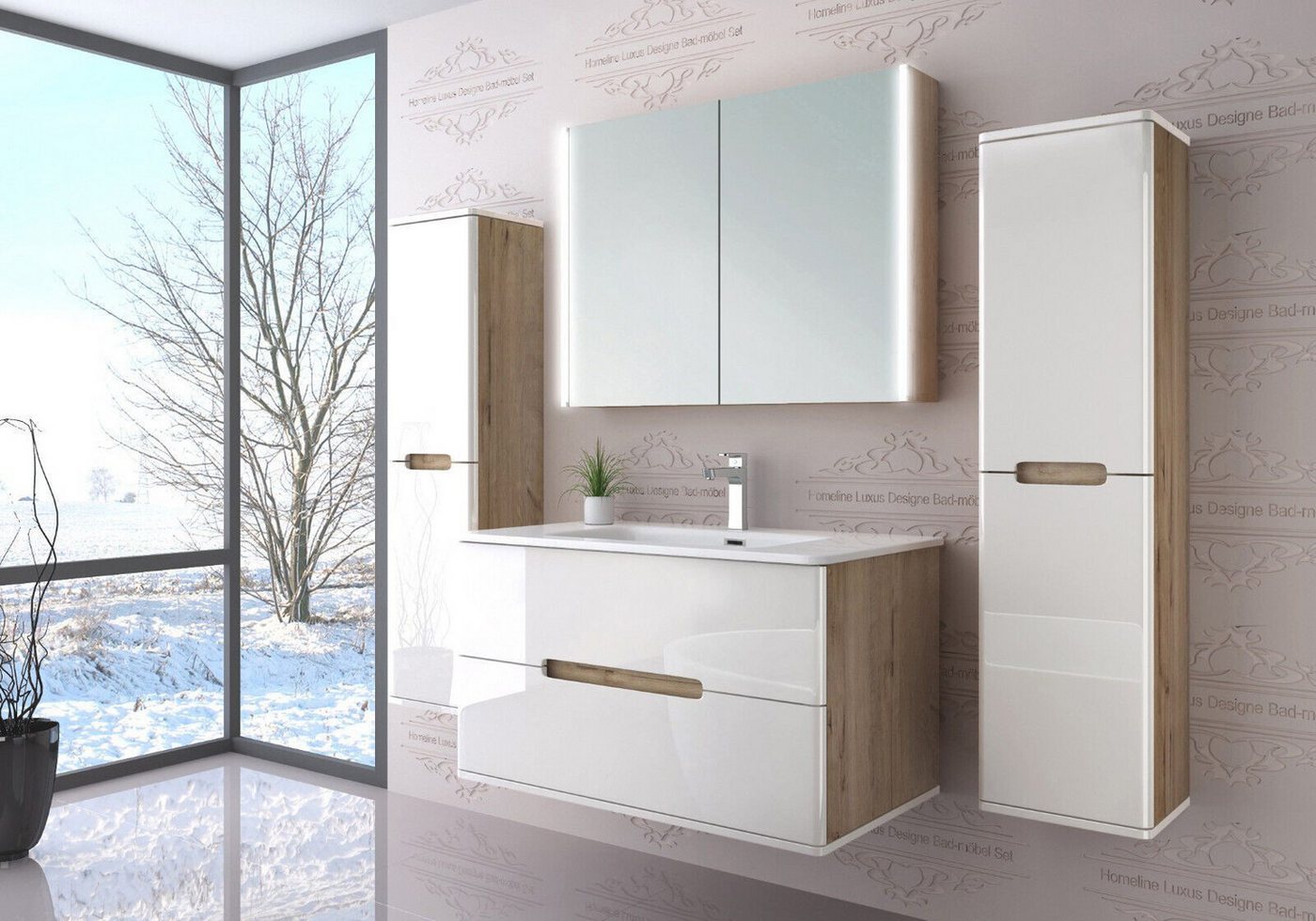 Homeline Badmöbel-Set Sky Badmoebel Set Schwarz Weiß Eiche Hochschglanz Spiegelschrank, (Spar Set, 5-St., Bad Möbel set besteht aus 5 Teilen), Spiegelschrank, Hochglanz