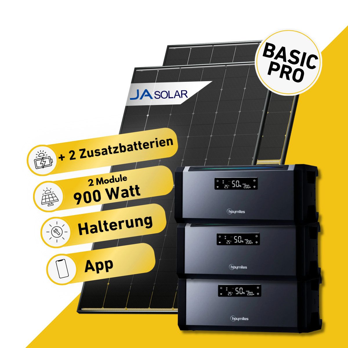 Balkonstrom Balkonkraftwerk Basic Pro 900W Solaranlage mit Speicher Komplettset Bifazial, 900 W, Monokristallin, (2x JA Solarmodul á 450 Watt, 1x Hoymiles HiBattery 1920 AC, 1-4 Zusatzspeicher Hoymiles HiBattery), Halterung für Dach, Fassade, Balkon & Garten, App & Plug&Play DE