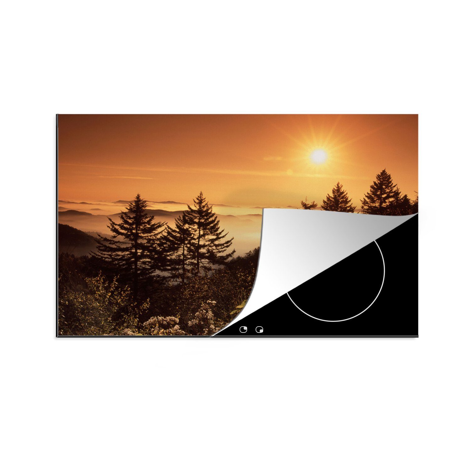 MuchoWow Herdblende-/Abdeckplatte Berg - Bäume - Sonne - Horizont, Vinyl, (1 tlg), 81x52 cm, Induktionskochfeld Schutz für die küche, Ceranfeldabdeckung