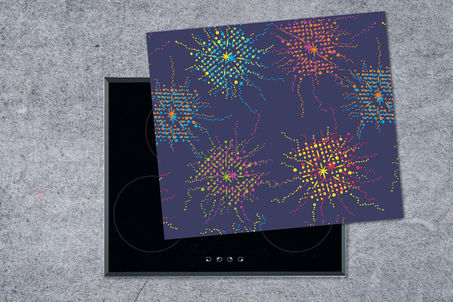 Arbeitsfläche Muster, Herdblende-/Abdeckplatte Ceranfeldabdeckung 60x52 Digital - - Vinyl, Mobile MuchoWow nutzbar, Feuerwerk cm, tlg), (1