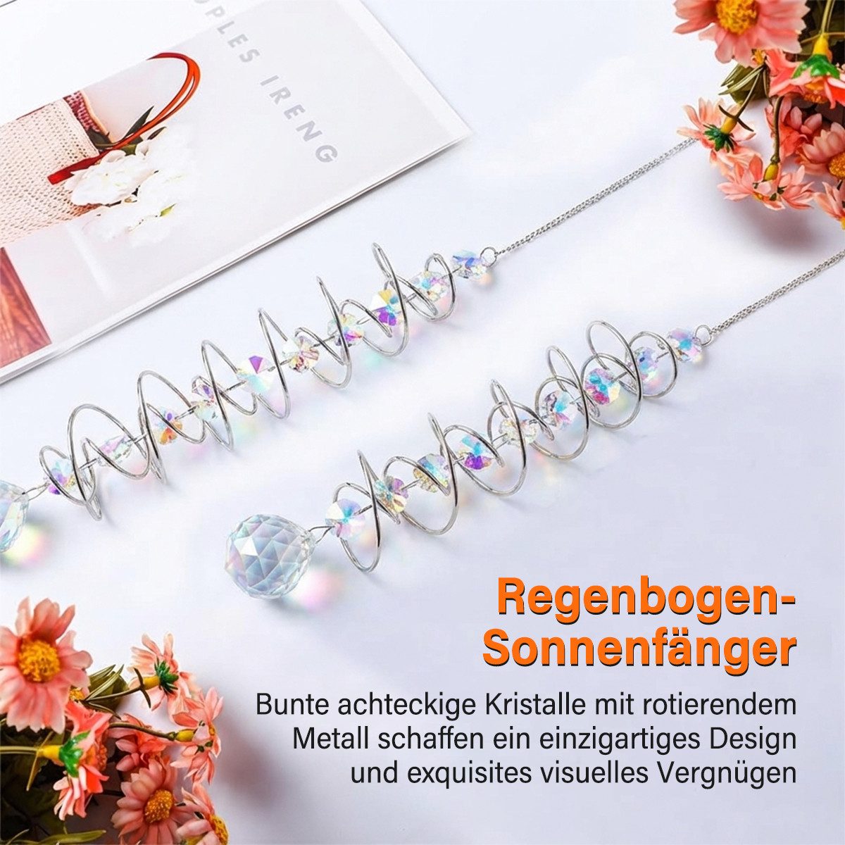 MOPUEA Windspiel 3D Windspiel aus Edelstahl Kristall Sonnenfänger mit Spiralschwanz (3D-Effekt Windspiel für Fenster Garten Balkon, mit Spiraleffekt, 1 St), Regenbogen Deko Hängend Innen Außen, 45 cm