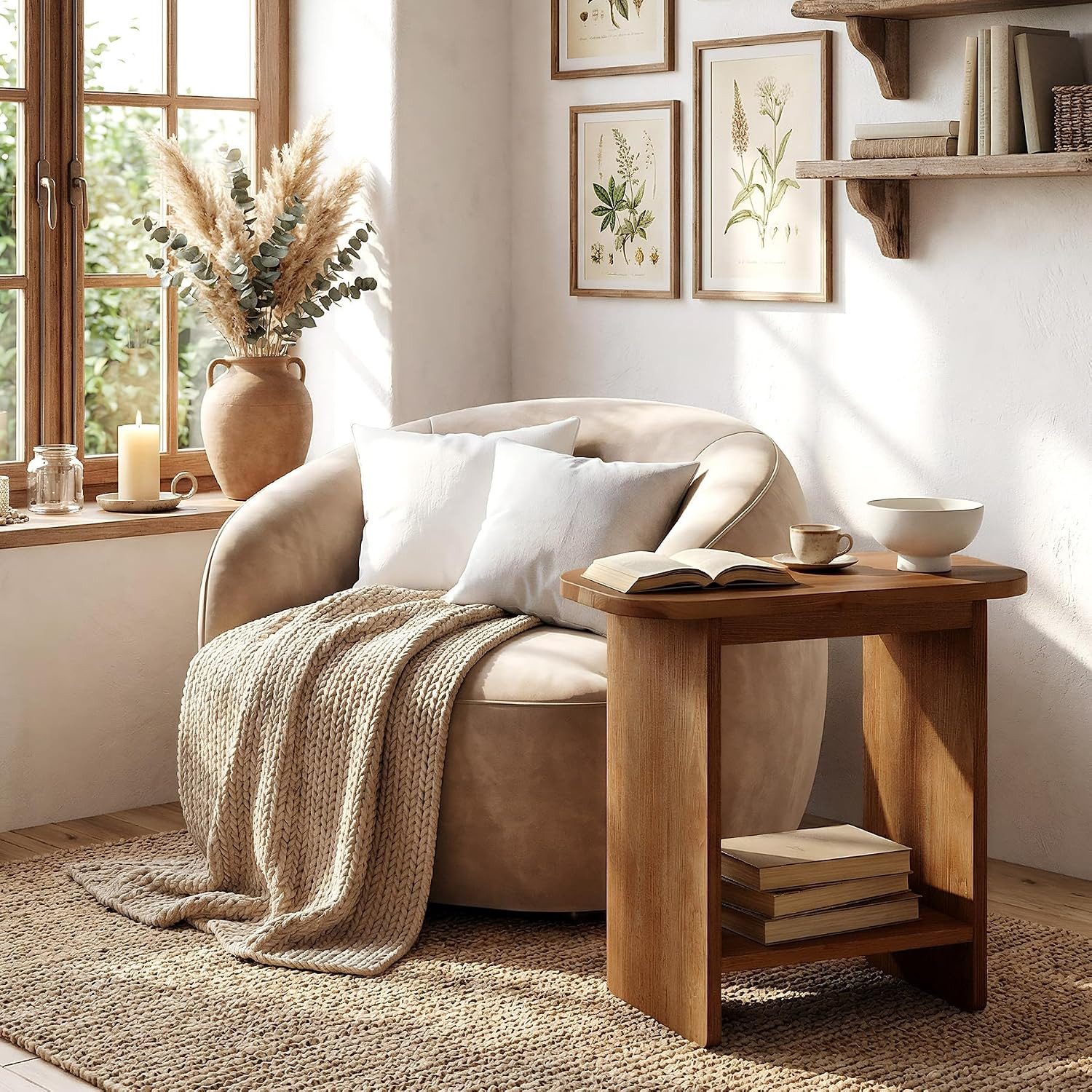 Tribesigns Beistelltisch Massivholz Beistelltisch H‑Form 2‑Ebenen Ablage Landhausstil Braun