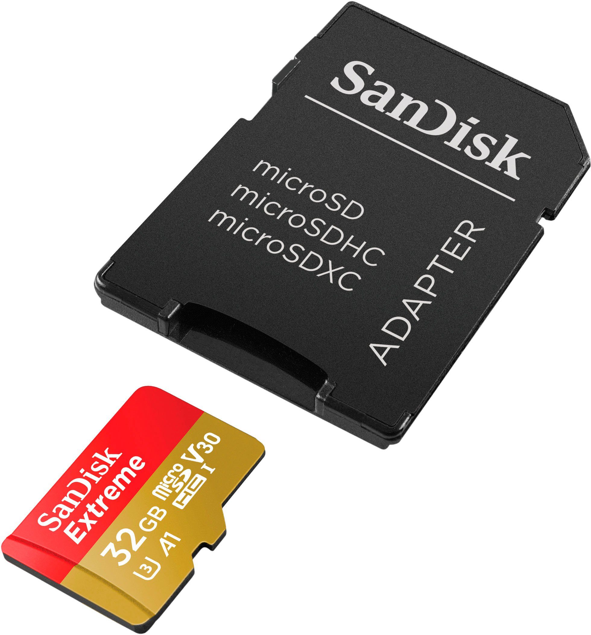 Sandisk Extreme microSDHC Speicherkarte (32 GB, UHS Class 3, 100 MB/s Lesegeschwindigkeit, SD-Adapter, Rescue Pro Deluxe)