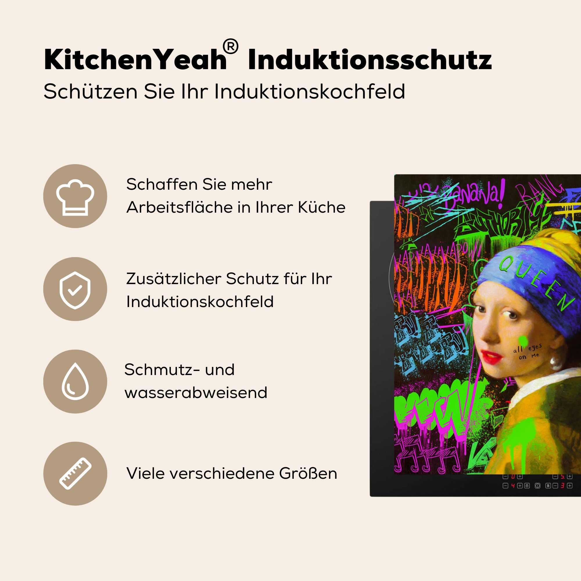 MuchoWow Herdblende-/Abdeckplatte für (1 Arbeitsplatte Graffiti, Ceranfeldabdeckung, - Neon cm, tlg), Earring a Vinyl, küche with Pearl Girl - 78x78