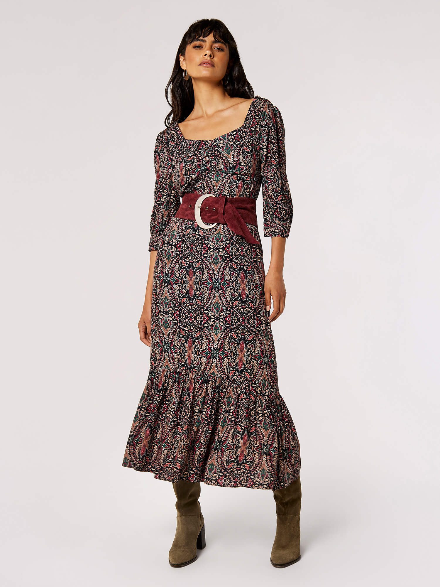 Apricot Druckkleid Langarm-Midikleid, (1-tlg., Gürtel nicht günstig online kaufen