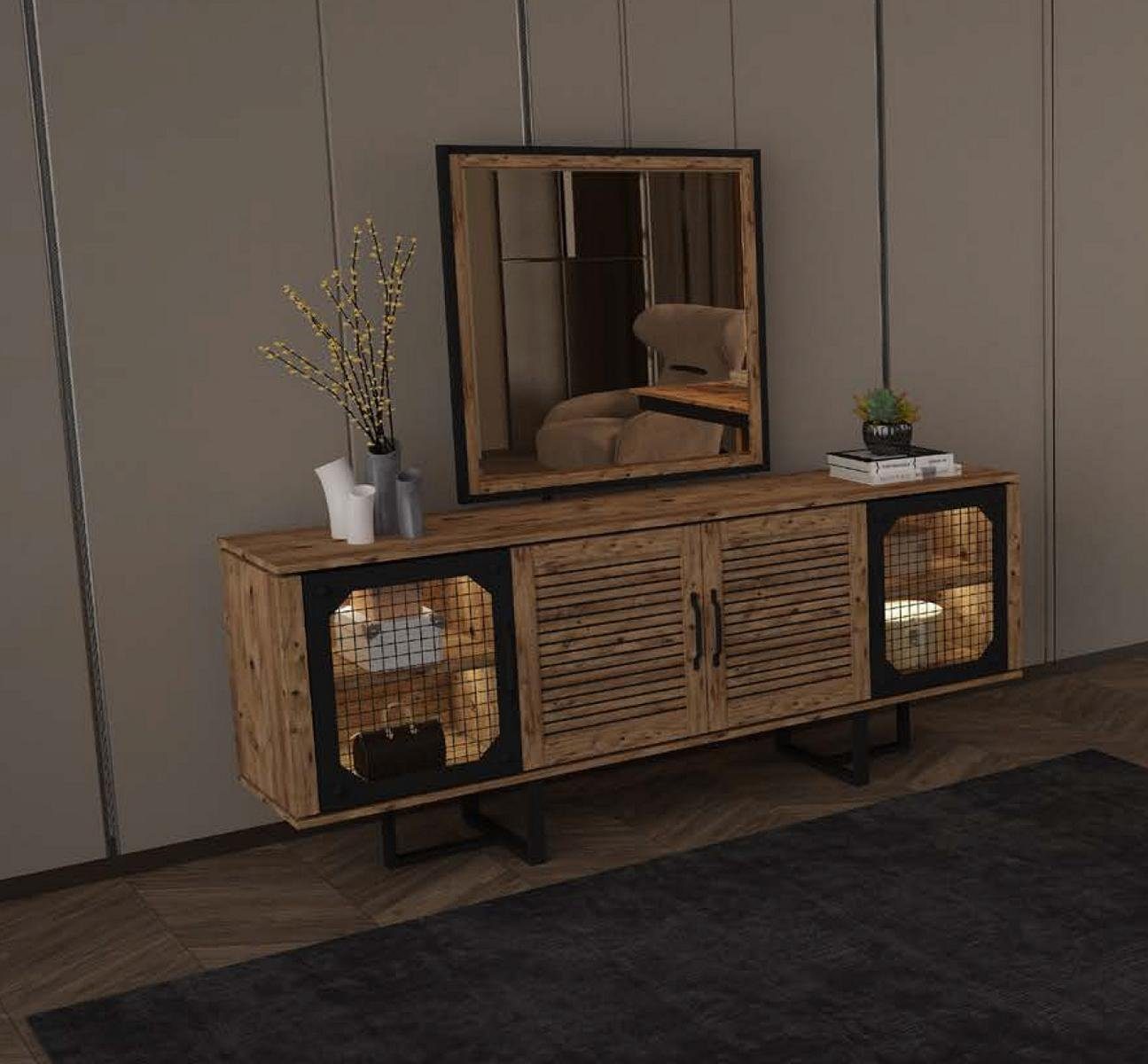 JVmoebel Sideboard Loft Sideboard mit Spiegel Wohnzimmer xxl big Holz Kommoden Möbel