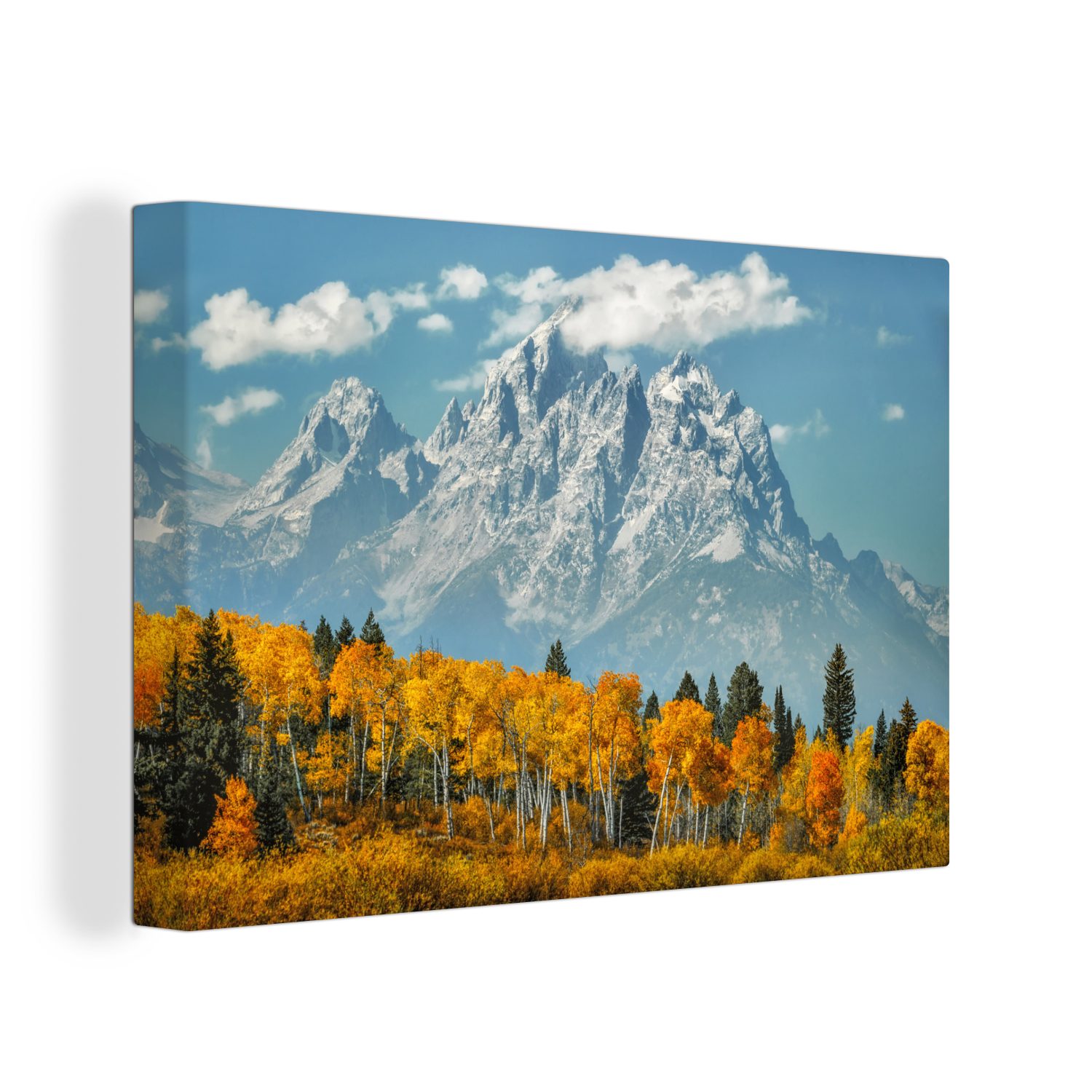 OneMillionCanvasses® Leinwandbild Herbstlich gefärbter Wald mit den Teton Mountains im Hintergrund in, (1 St), Wandbild Leinwandbilder, Aufhängefertig, Wanddeko, 30x20 cm