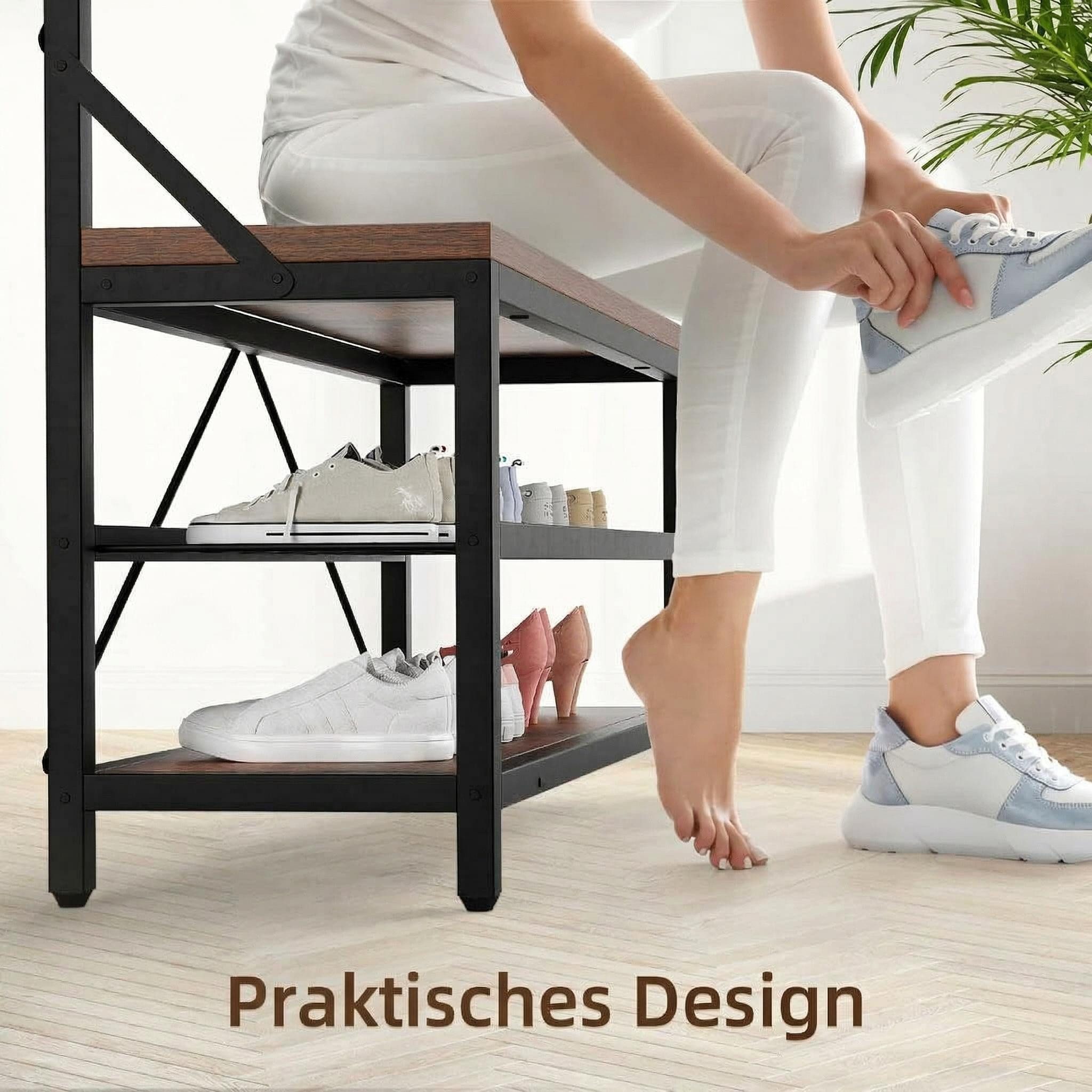 GarveeMore Garderobenständer 4-in-1 mit Sitzbank,3 Etagen Ablage und 8 Haken,183cm, mit Schuhbank,verstellbare Füße,Kleiderstange,101x40x183cm – Bild 5 von 5