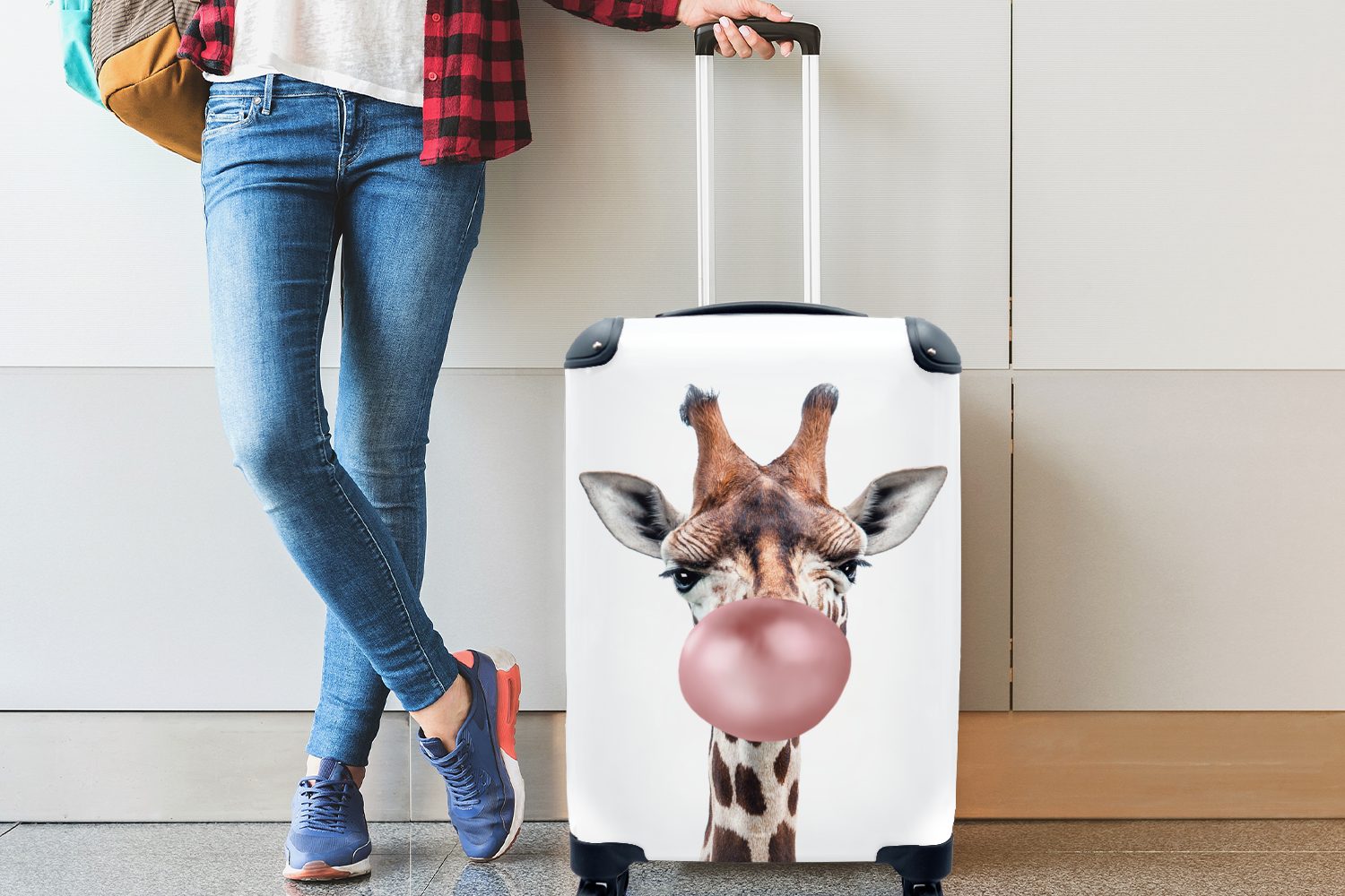 MuchoWow Handgepäckkoffer Giraffe - Kaugummi - - 4 rollen, - - Trolley, Reisekoffer mit Junge für Handgepäck Rollen, Kinder Reisetasche Mädchen, Rosa Ferien