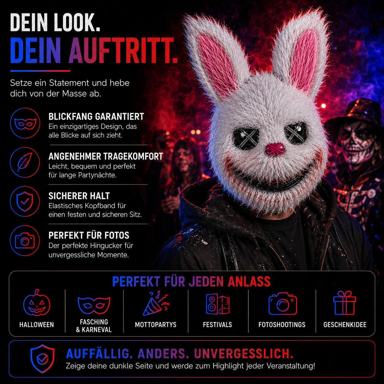 TK Gruppe Verkleidungsmaske Grusel Hase Maske – Horror Bunny Kostüm Accessoire, (Packung, 1-tlg)