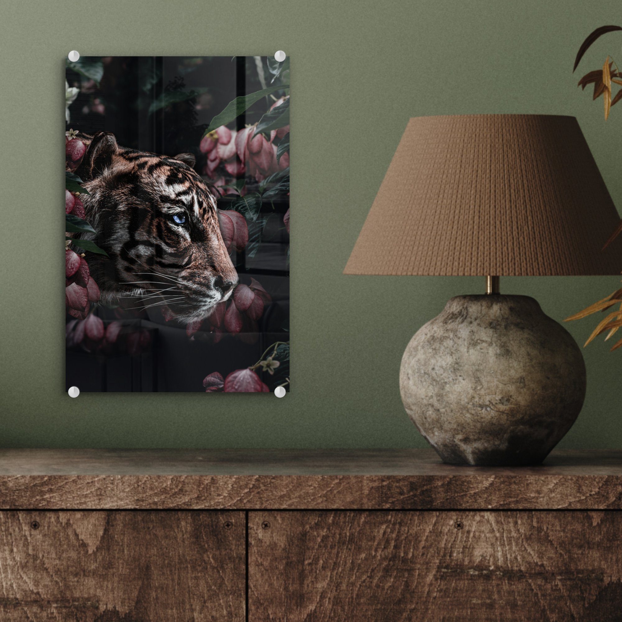 MuchoWow Acrylglasbild Tiger - (1 Wandbild Glas Blumen, bunt - Glas auf St), - - auf Glasbilder Bilder Foto Rosa - Wanddekoration