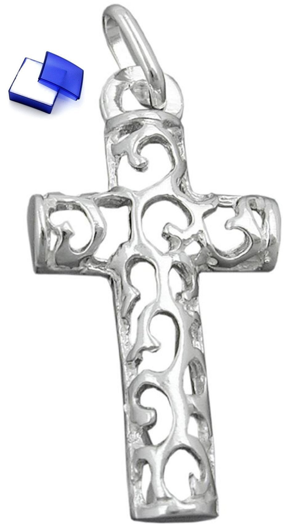 Kreuzanhänger Anhänger Kreuz filigran glänzend 925 Silber inklusive Schmuckbox