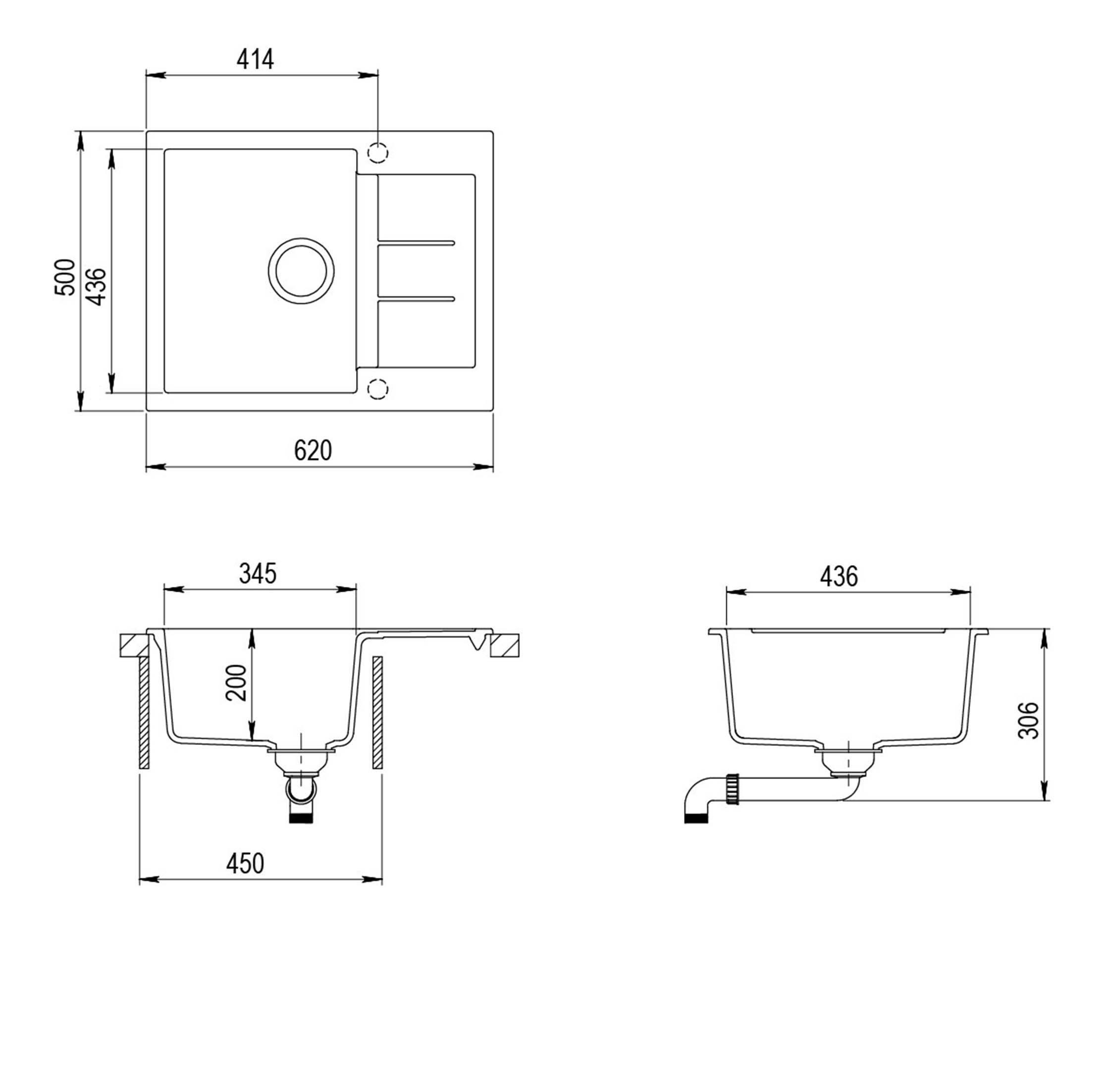 GURARI Küchenspüle SQT 102 -601 Einbau Granitspüle St), AWP+5553-601, cm, Schwarz+Messing-Armatur 62/50 (2