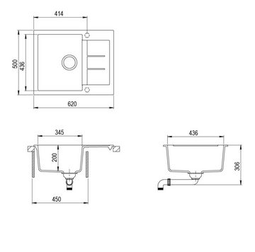 GURARI Küchenspüle SQT 102 -601 AWP+DH G, (2 St), Einbau Granitspüle Schwarz, inkl. Siphon+Seifenspender