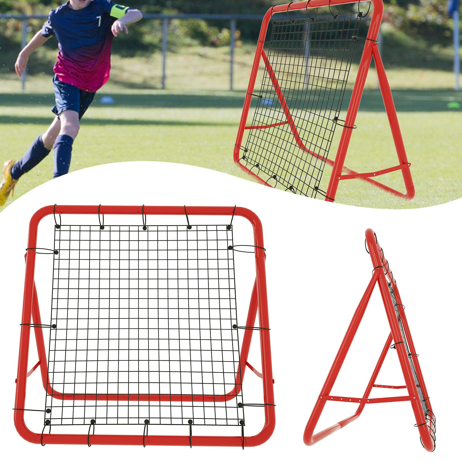 FIVMEN Rebounder Kickback Rückprallwand Netz für Fußball Baseball 100x100cm Rot, für Übungen, Fußballschuss, Baseball und mehr Techniktraining
