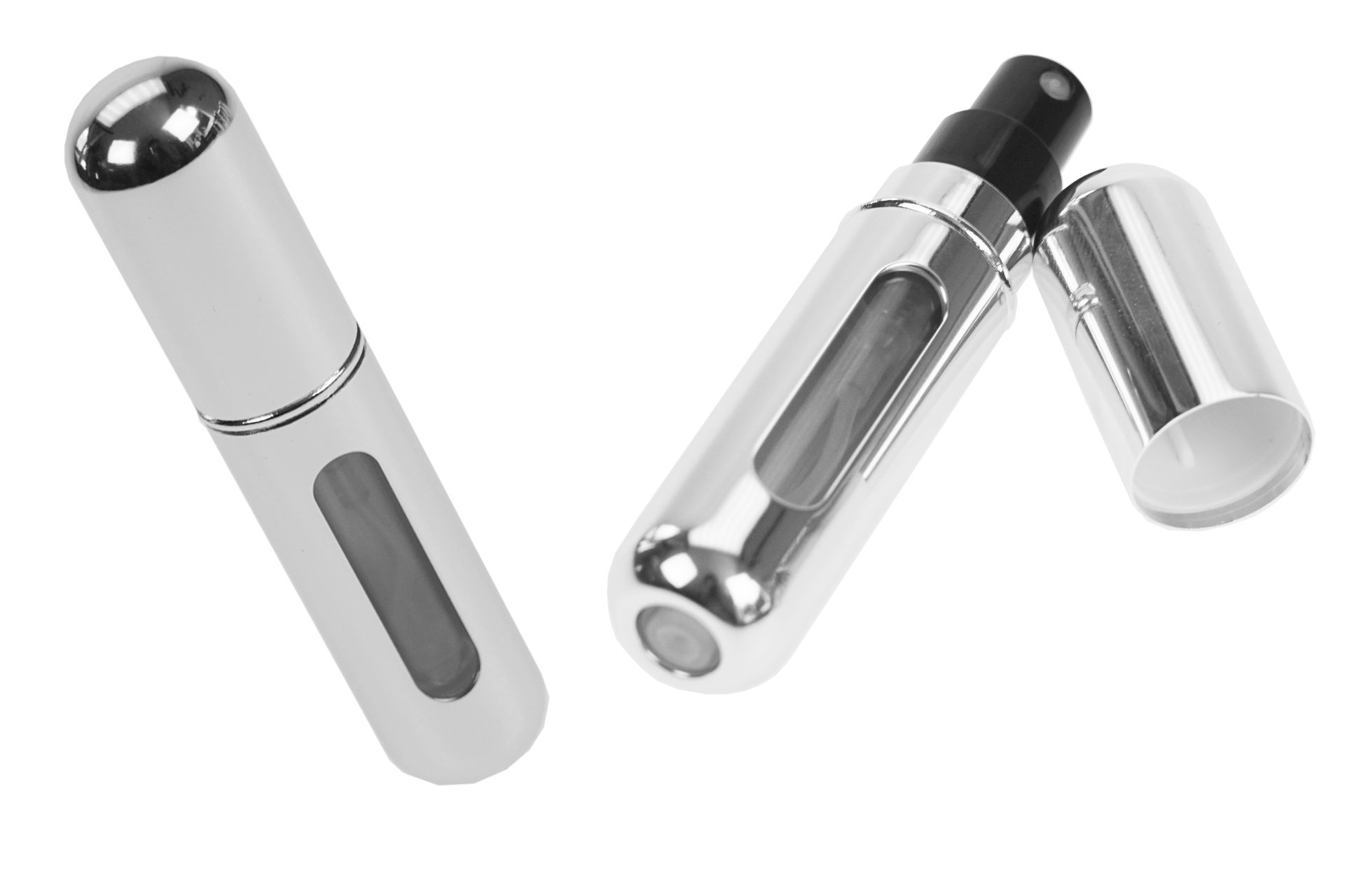 Fantasia Beauty Parfümzerstäuber Taschenzerstäuber, silber glänzend, für 5 ml, mit Füllautomatik (1 St), Füllautomatik, Sichtfenster, Aluminium