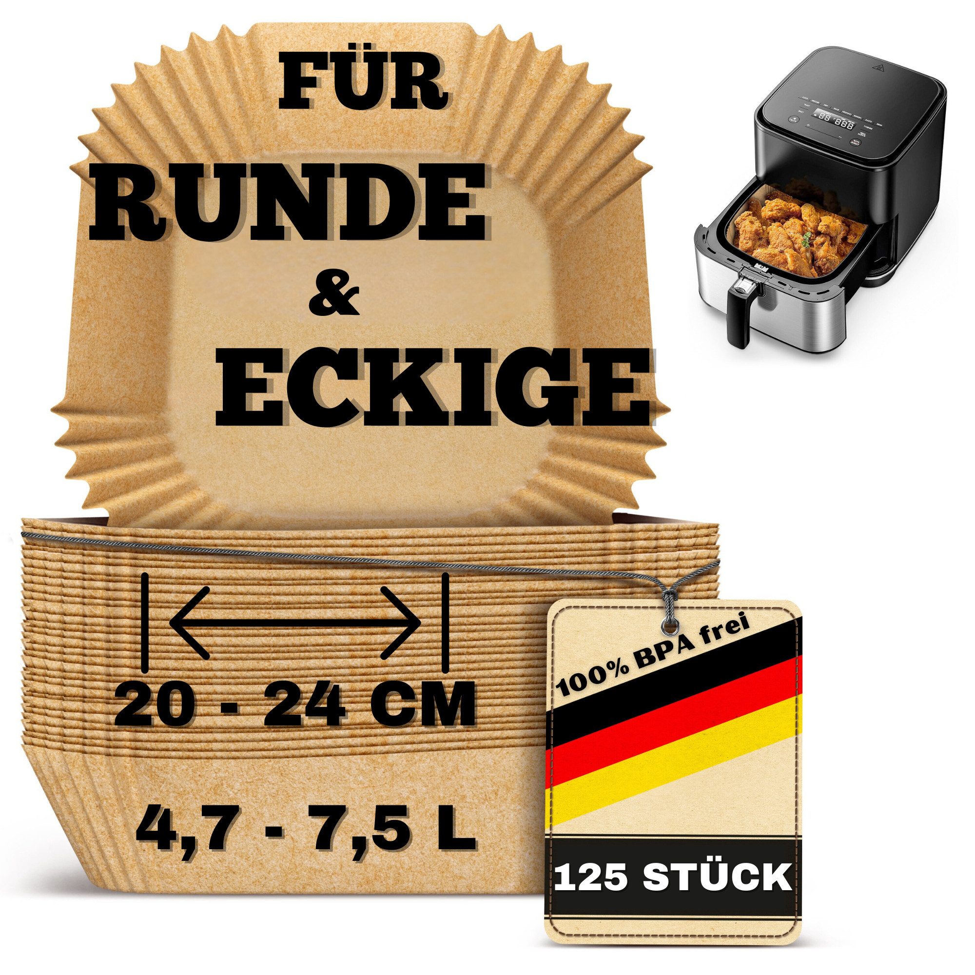 Smart-Planet Backpapier Backpapier für Heißluftfritteuse 125 Stk 20-24cm Airfryer, Antihaft-Beschichtung, rund, eckig