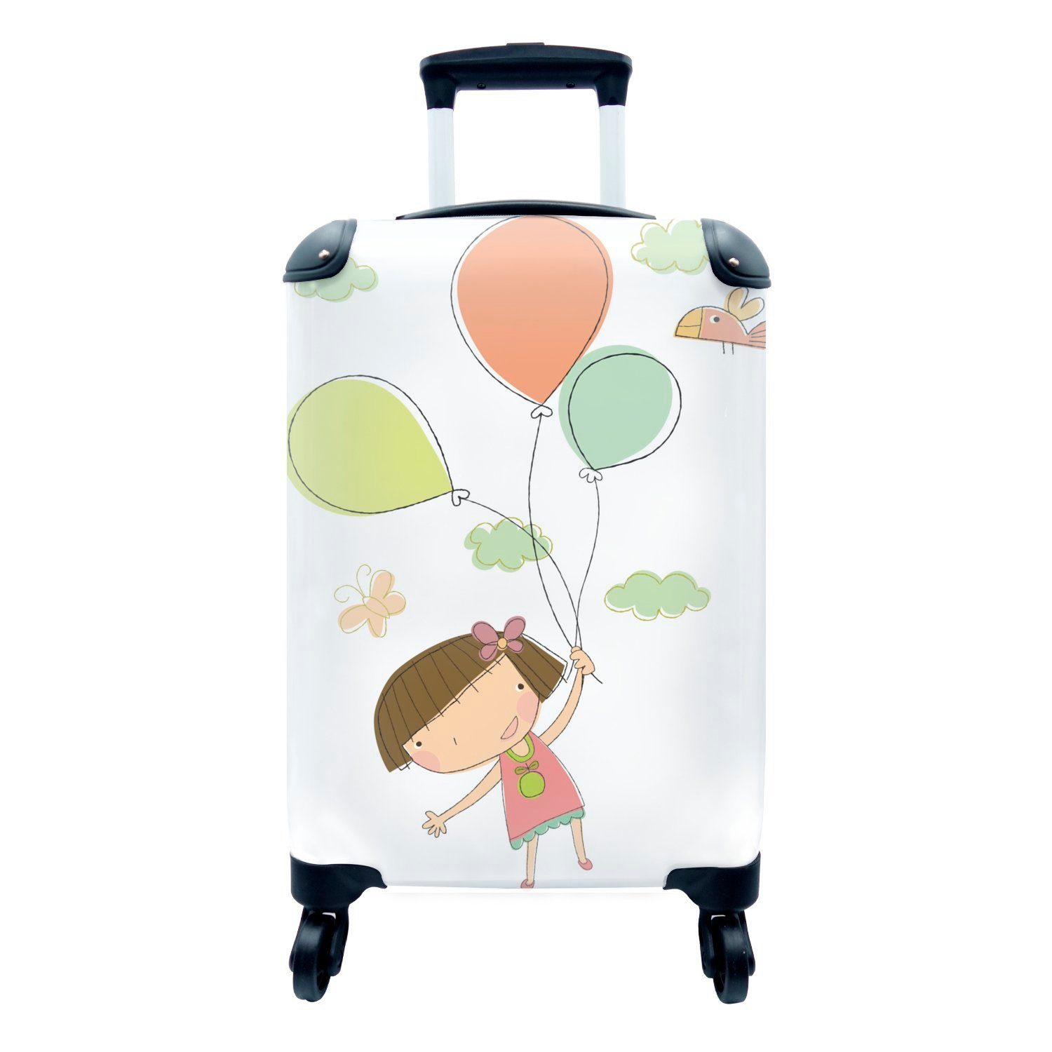 MuchoWow Handgepäckkoffer Eine 4 Handgepäck mit gezeichnete Reisekoffer Mädchens rollen, mit eines Trolley, für Reisetasche Luftballons, Ferien, Rollen, Illustration