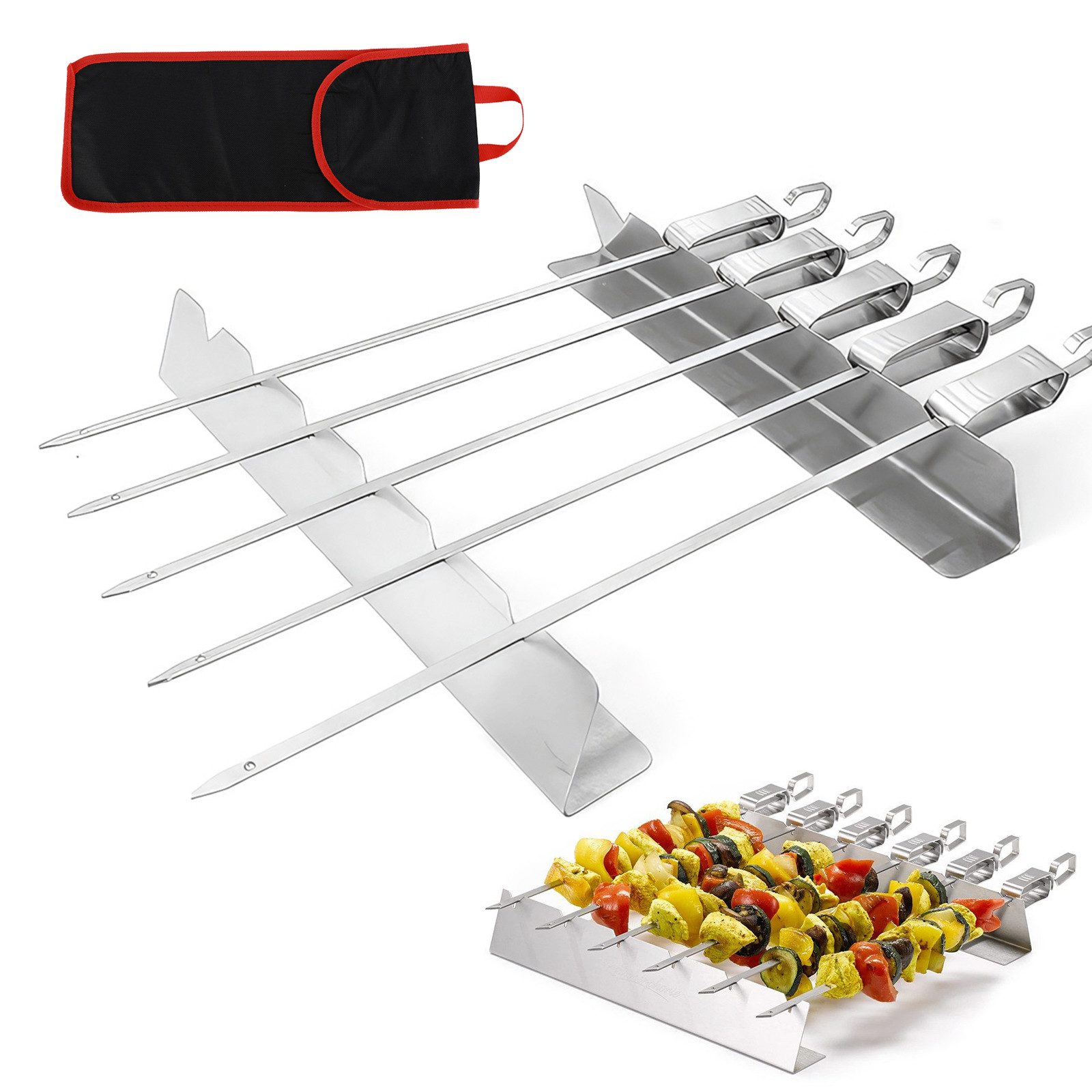 Grillspieß Edelstahl Schaschlikspieße Set mit Grillgestell, BBQ Grill Zubehör