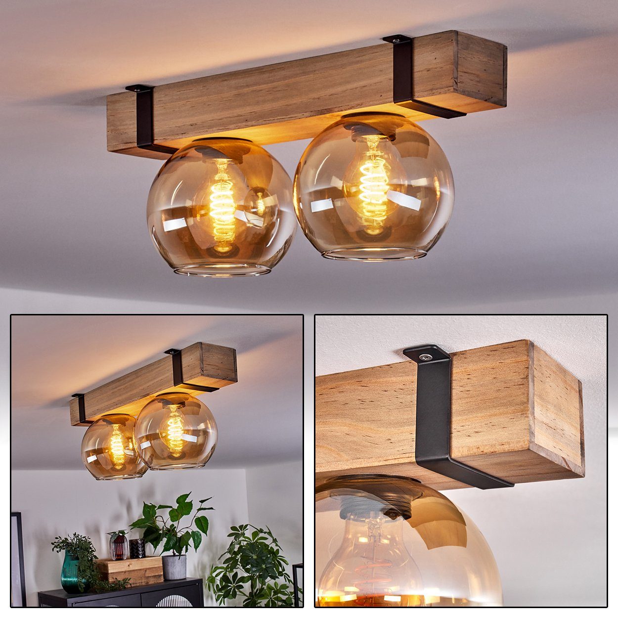 hofstein Deckenleuchte Deckenlampe aus Metall/Holz/Glas in Schwarz/Natur/Bernsteinfarben, ohne Leuchtmittel, Holzbalken und Glasschrimen Ø15cm, 2x E27, ohne Leuchtmittel