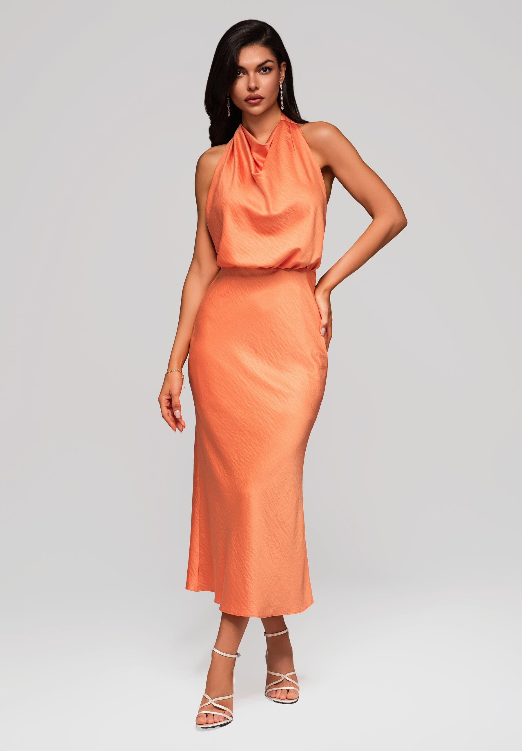 OMBRE Abendkleid Midi-Halterkleid mit Wasserfall-Ausschnitt