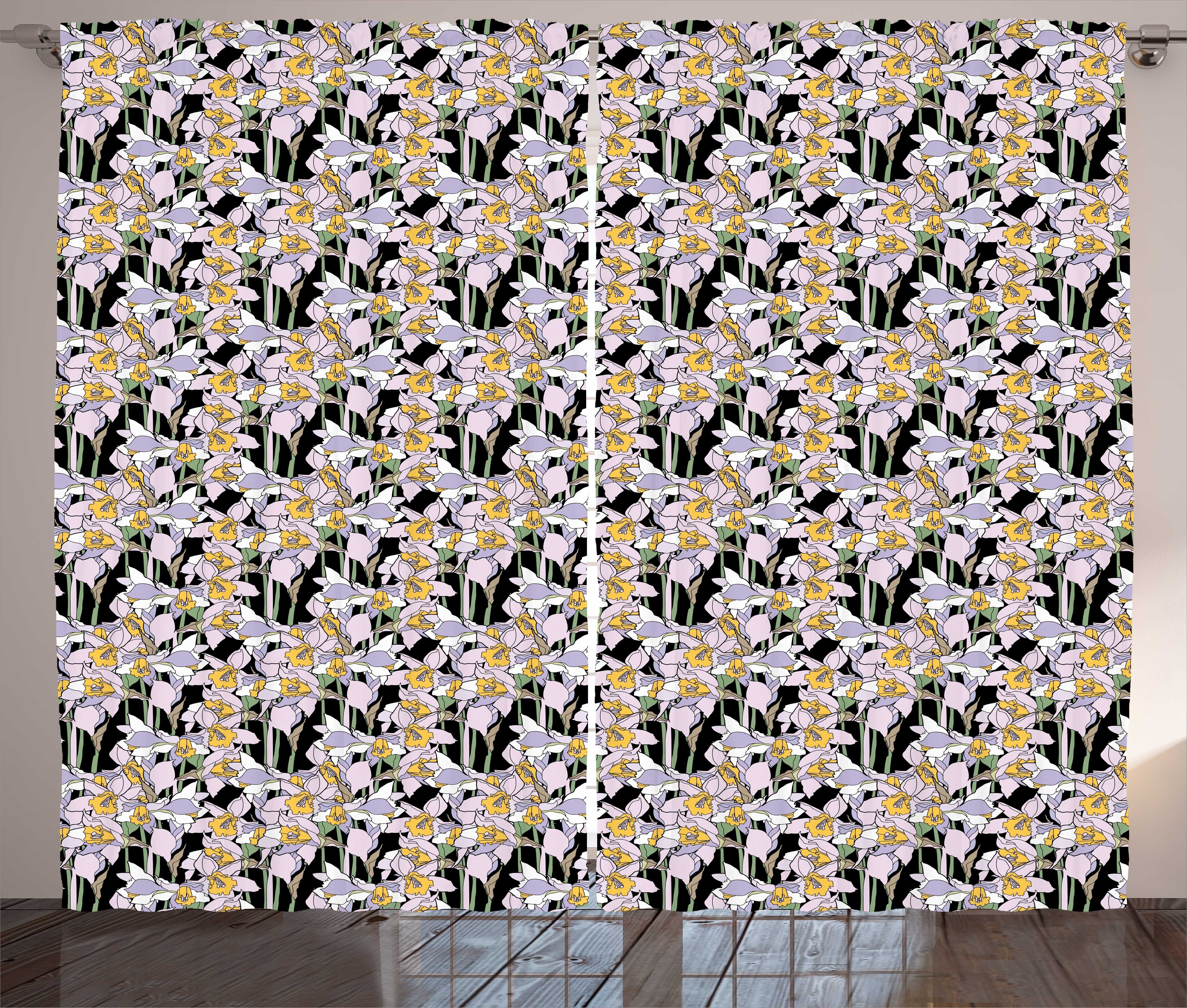 [Beliebter Standard] Gardine Schlafzimmer Kräuselband Cartoon-Stil Vorhang mit Blumen Haken, Blumen und Schlaufen Theme Abakuhaus