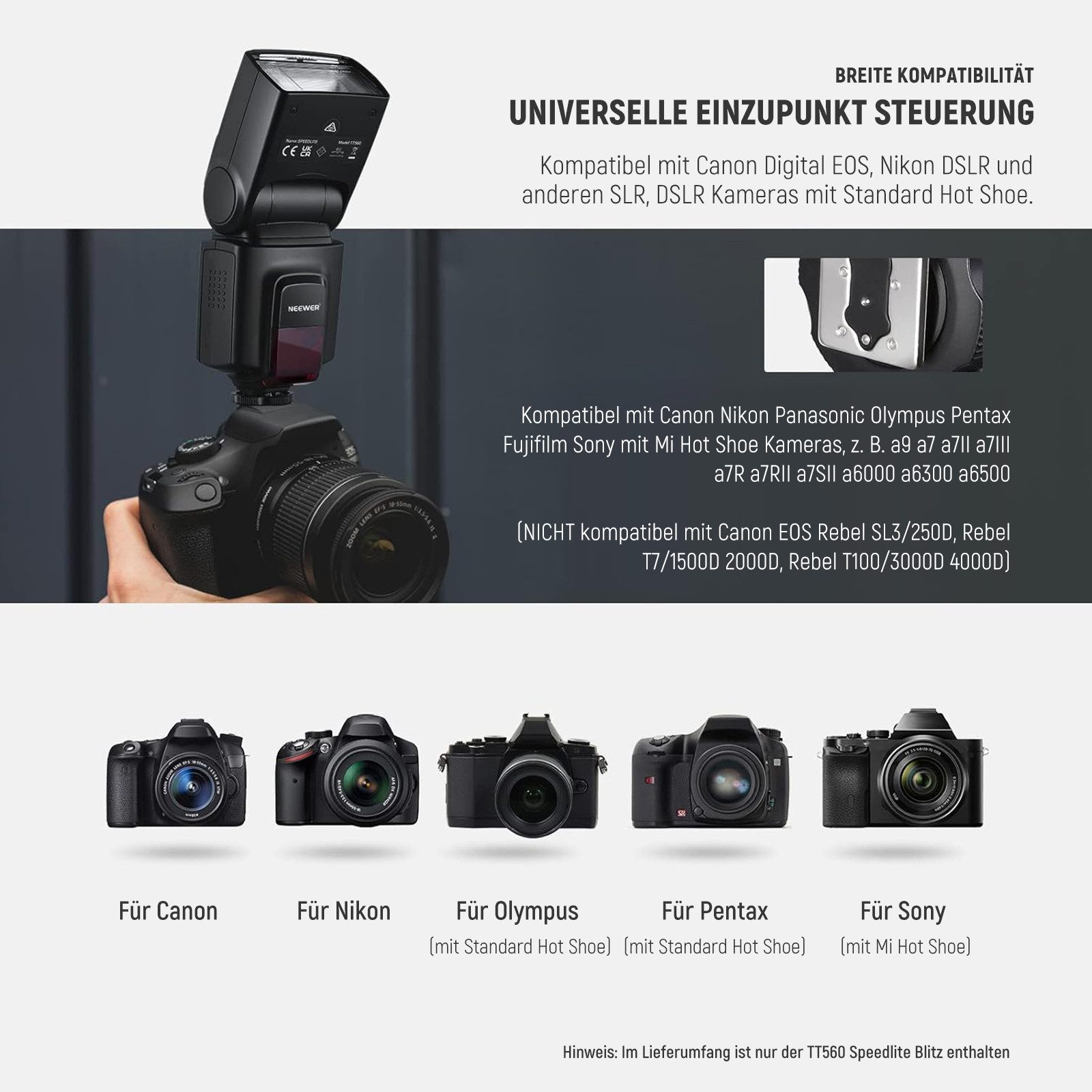 Neewer TT560 Kamera Blitz Speedlite für Canon Nikon Panasonic Olympus Pentax Blitzgerät, (für DSLR Kameras, Digitalkameras mit Standard Blitzschuh)