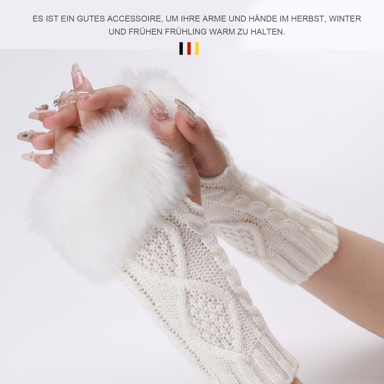 MAGICSHE Strickhandschuhe Fingerlose Handschuhe Damen Gestrickte Kunstpelz Weiß