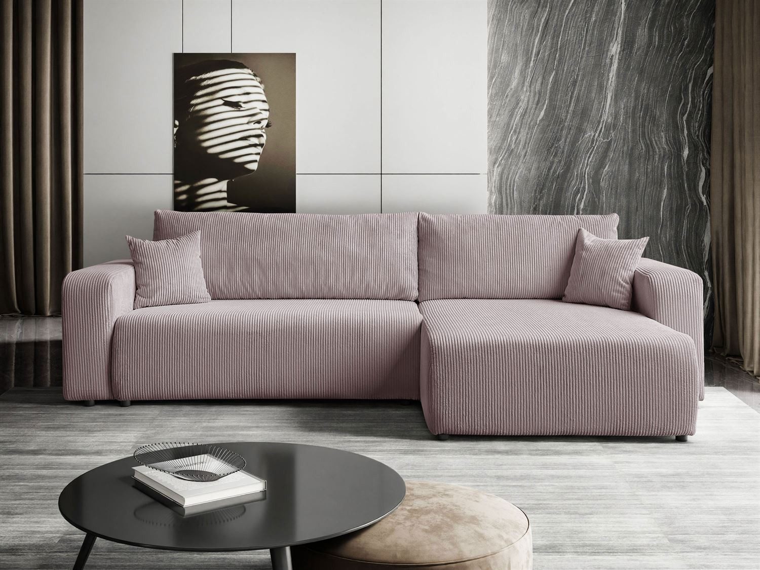 Lookway Ecksofa PRESTIGE L-Form Couch, Cord-Stoff, mit Bettfunktion und Bettkasten, Seite universal, 247/277x143x83 cm