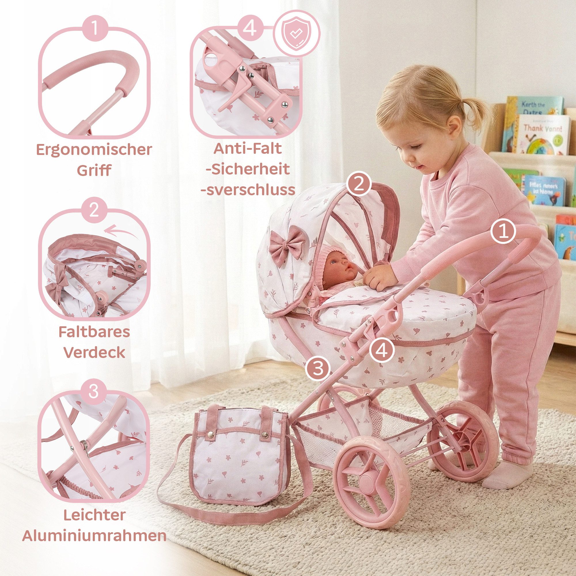 kinderplay Puppenwagen Puppenwagen Gondel mit Tasche – faltbar – leise EVA-Räder