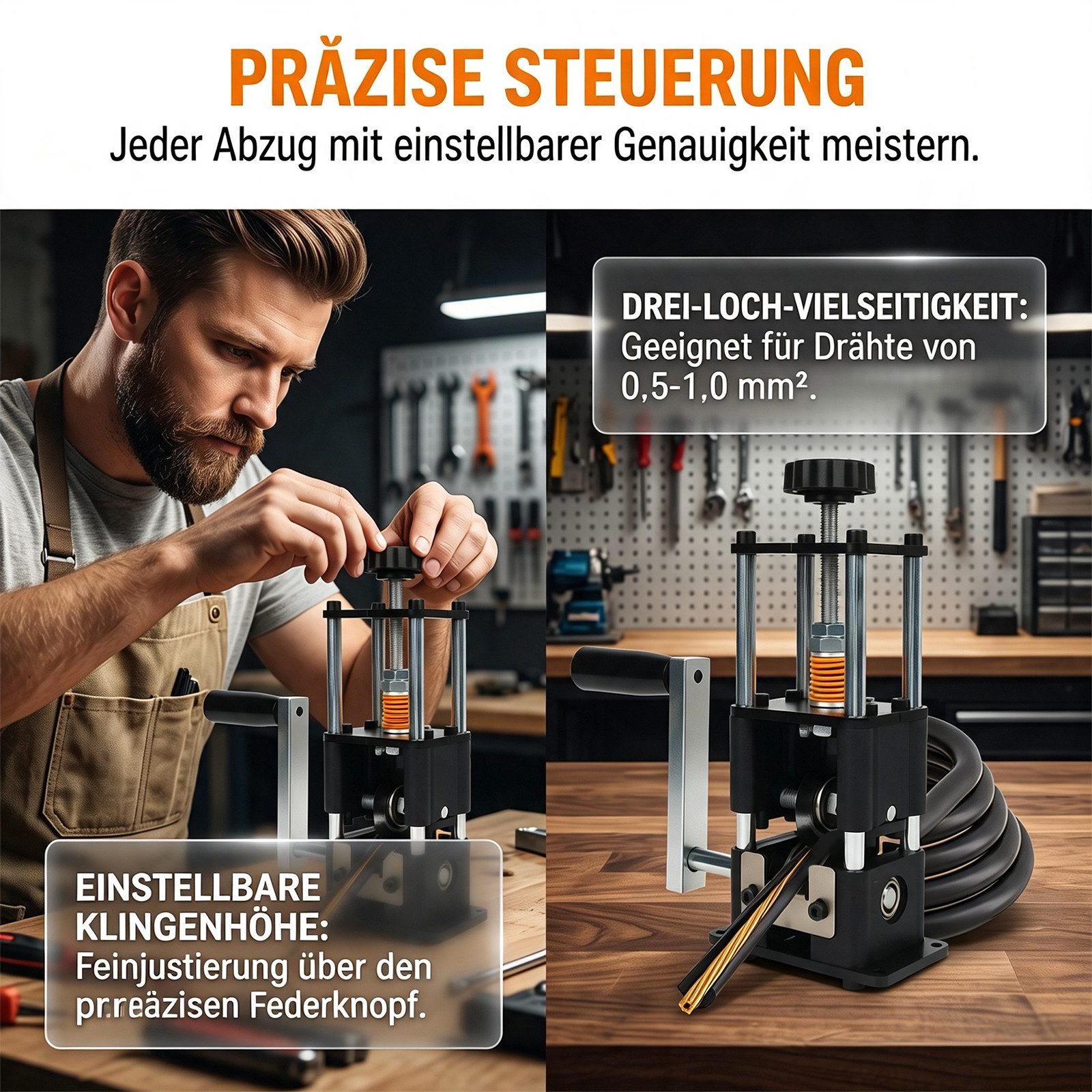 AKKEE Abisolierzange Manuelle Kabelschälmaschine Elektrisch mit Federverstellung, 3 Abisolieröffnungen für Kabelquerschnitte von 0,5–1,0 mm² – Bild 4 von 5