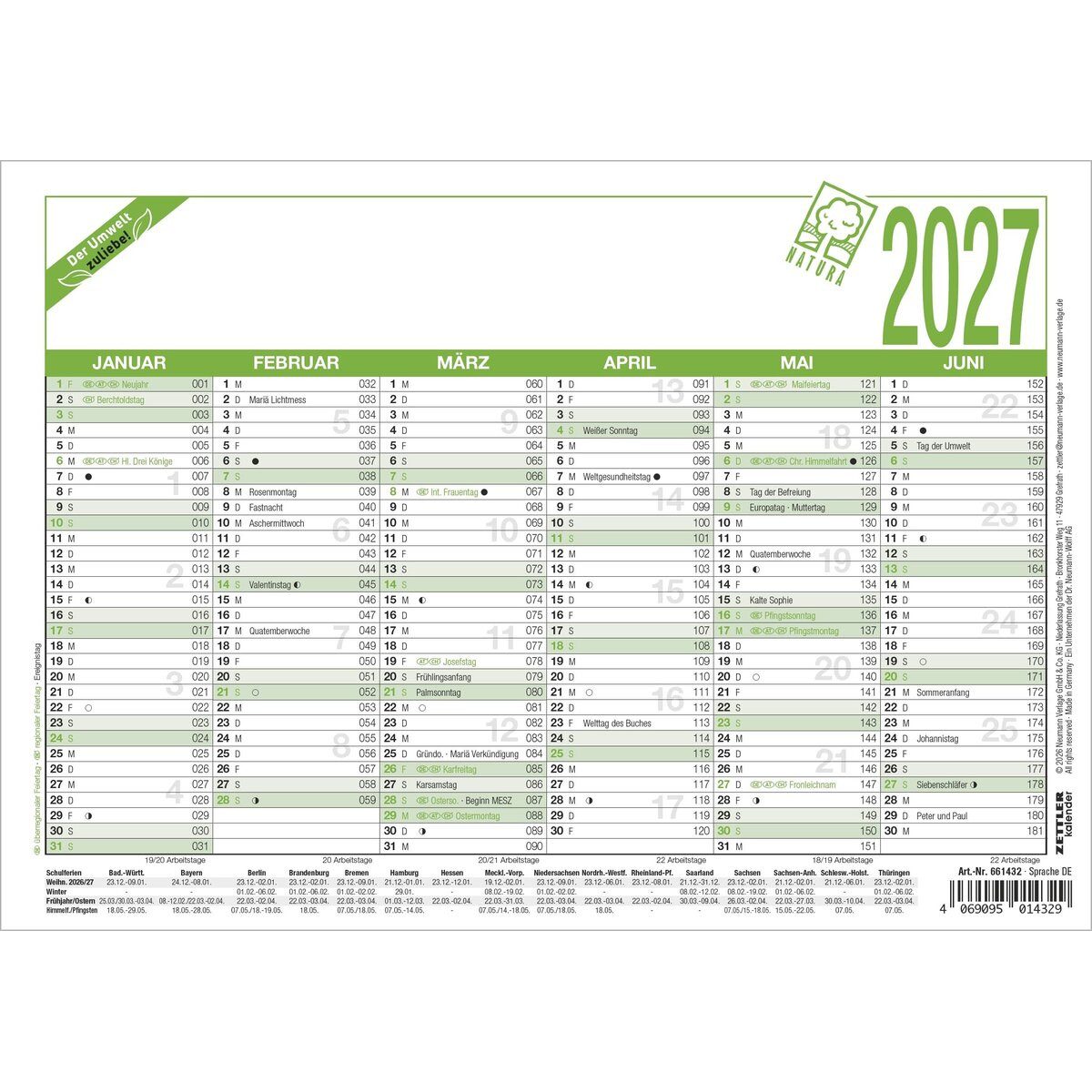 ZETTLER Terminplaner Arbeitstagekalender 904 A5 21x14,8cm Recycling 2027