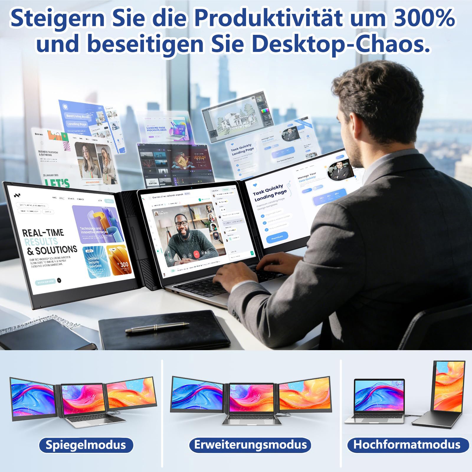 KEFEYA Dual-Screen-Laptop-Bildschirm-Extender Laptop-Bildschirmerweiterung Portabler Monitor (40 cm/15.6 ", 1920 * 1080 px, Full HD, 60 Hz, HDR, Tragbarer Monitor,13–17,3″, Kompatibel mit Android/Windows/Chrome usw)