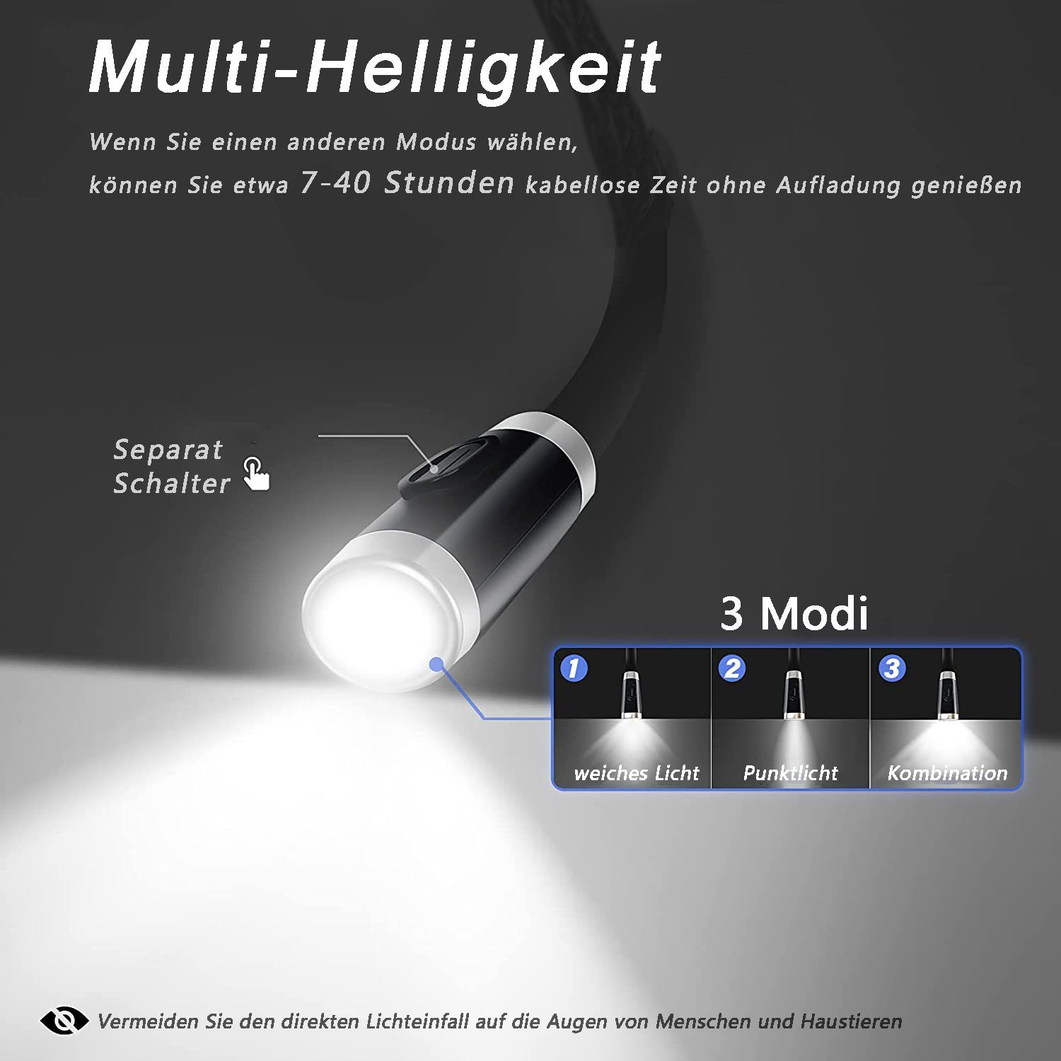 LED Leselampe, Haiaveng Arme & Nacken zum Lesen, Blau 3 Flexibel Halslampe Schwarz Helligkeitsstufen, Perfekt Leselampe LED