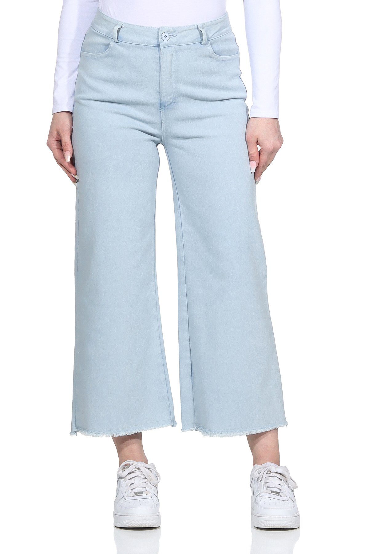 Weite Jeans Damenmode 100% Damen Aurela knöchelfrei, mit Culotte Hellblau Baumwolle für Jeans Gürtelschlaufen, Leg Wide