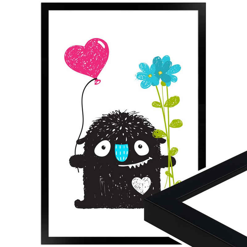 WANDStyle Bild mit Rahmen fröhliches Monsterchen, süßes Poster fürs Kinderzimmer