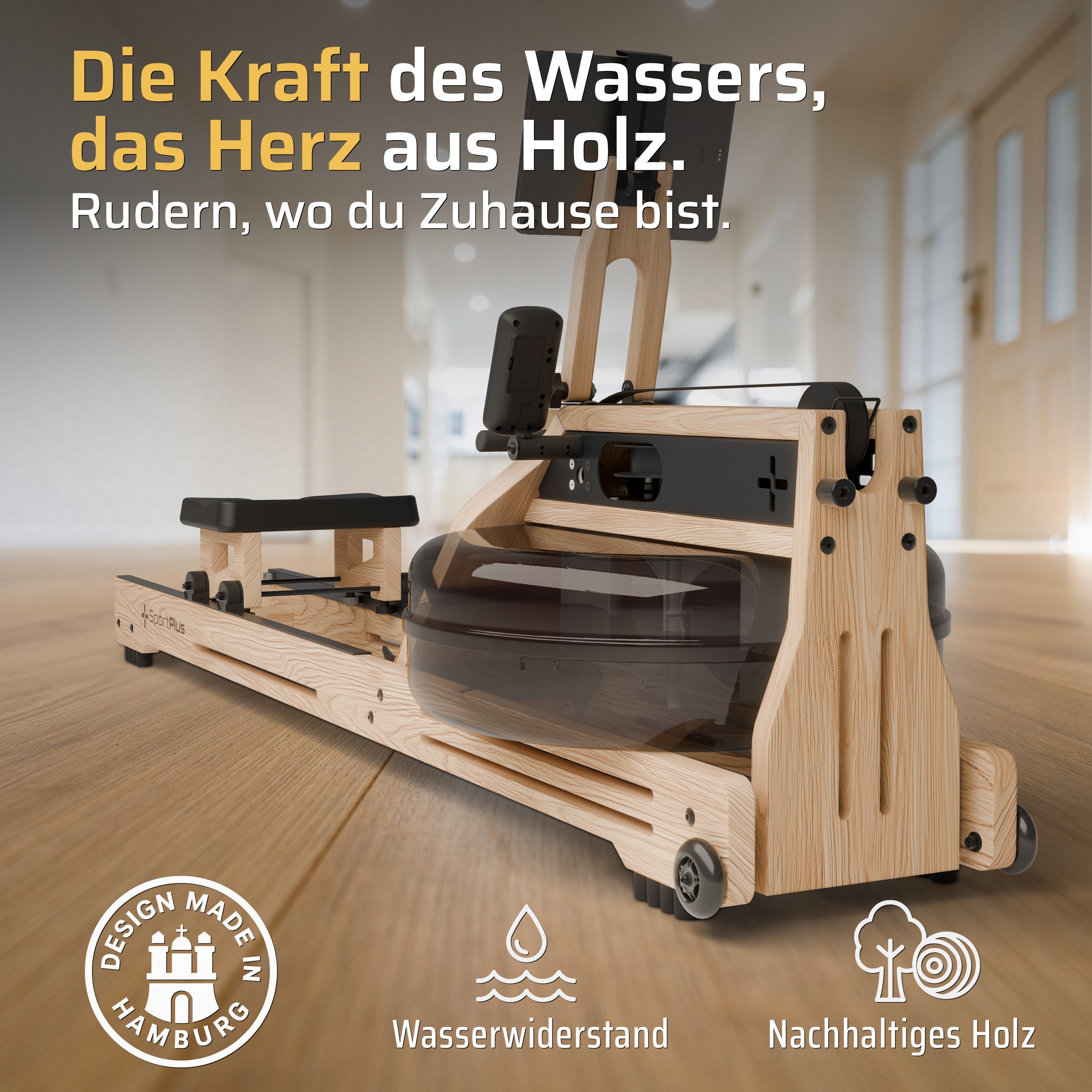 SportPlus Rudergerät SP-WR-1800, Holz-Wasser-Rudergerät, aus Natur-Massivholz, FSC®-zertifiziert.