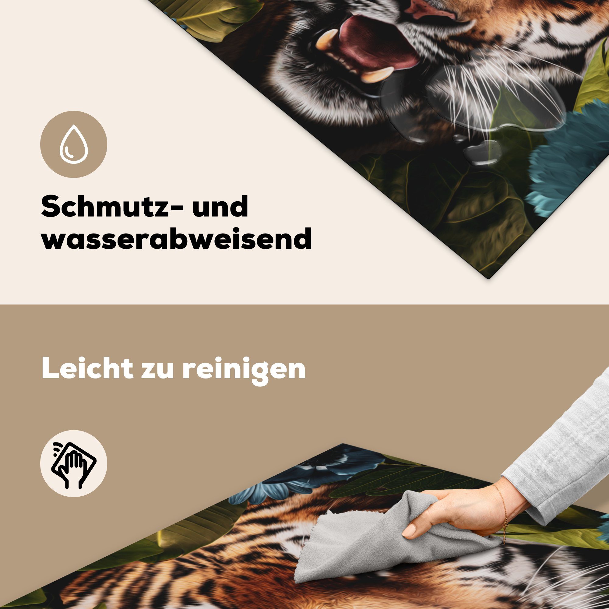 MuchoWow Herdblende-/Abdeckplatte Tiger für - Dschungel 78x78 (1 Blumen, Ceranfeldabdeckung, tlg), - Vinyl, küche cm, Arbeitsplatte