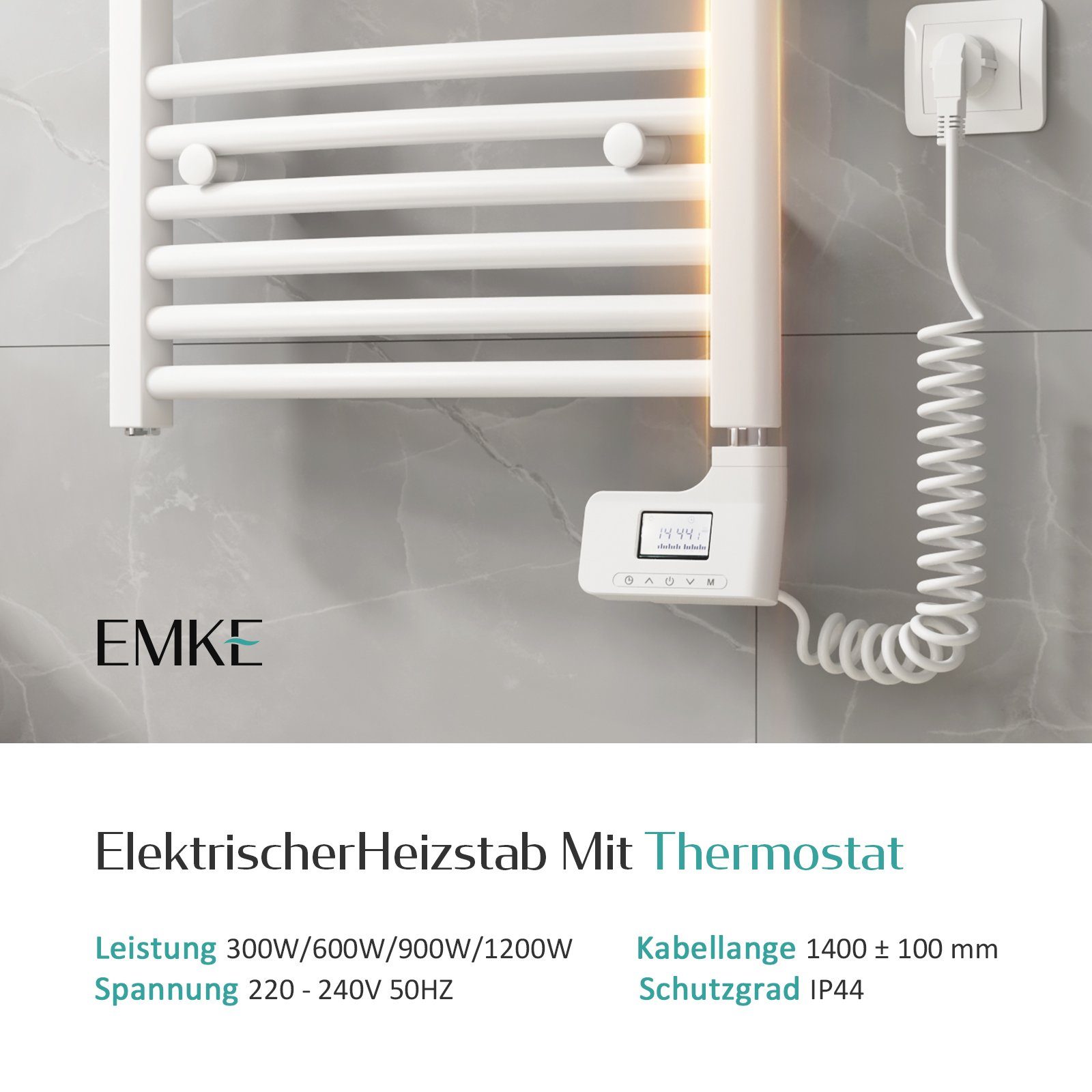 EMKE Heizstab 300W-1200W Heizstab ohne mit Heizpatrone Weiß Heizelement Thermostat, IP44 Badheizkörper Heizkörper für