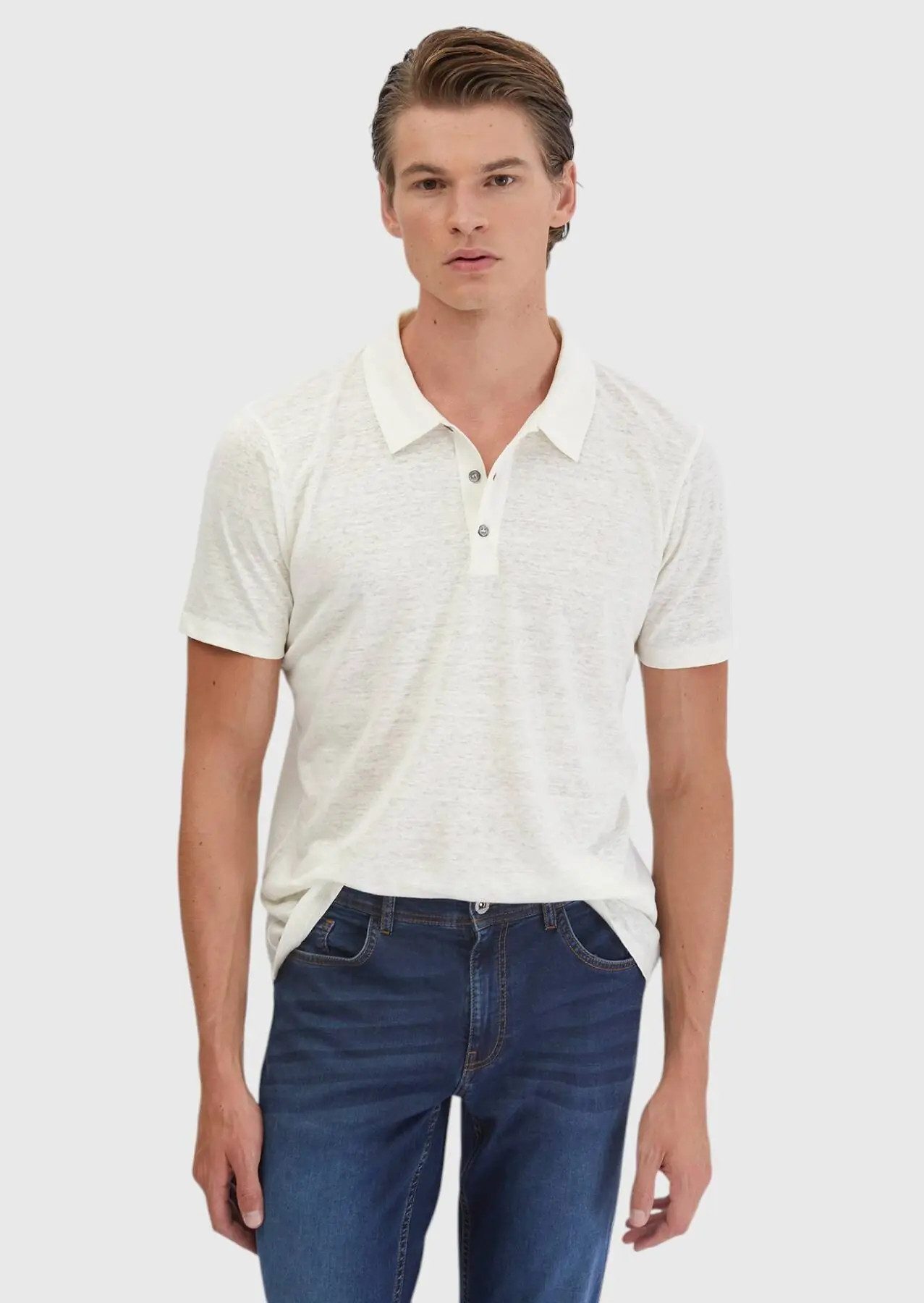 RAMSEY T-Shirt Ecrufarbenes, schlichtes Polo-Shirt aus 100 % Baumwolle