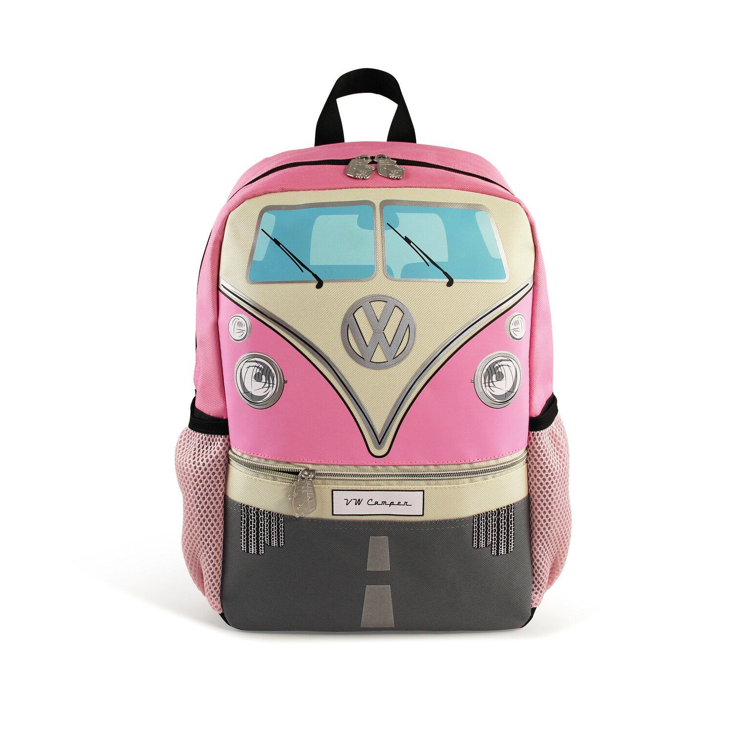 VW Collection by BRISA Kinderrucksack Volkswagen Schulrucksack im VW T1 Bulli Design, kleiner Wanderrucksack in Rosa, 15L