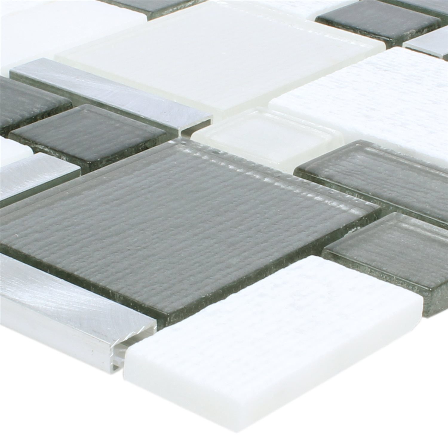 Mosafil Mosaikfliesen Mosaikfliesen Material Mix Echo Weiss Grau, Naturstein-Glas-Metall-Aluminium 30.000x30.000, weiß-grau-silber-dunkelgrau, Verlegefertig auf ein Netz geklebt - Wasserfest