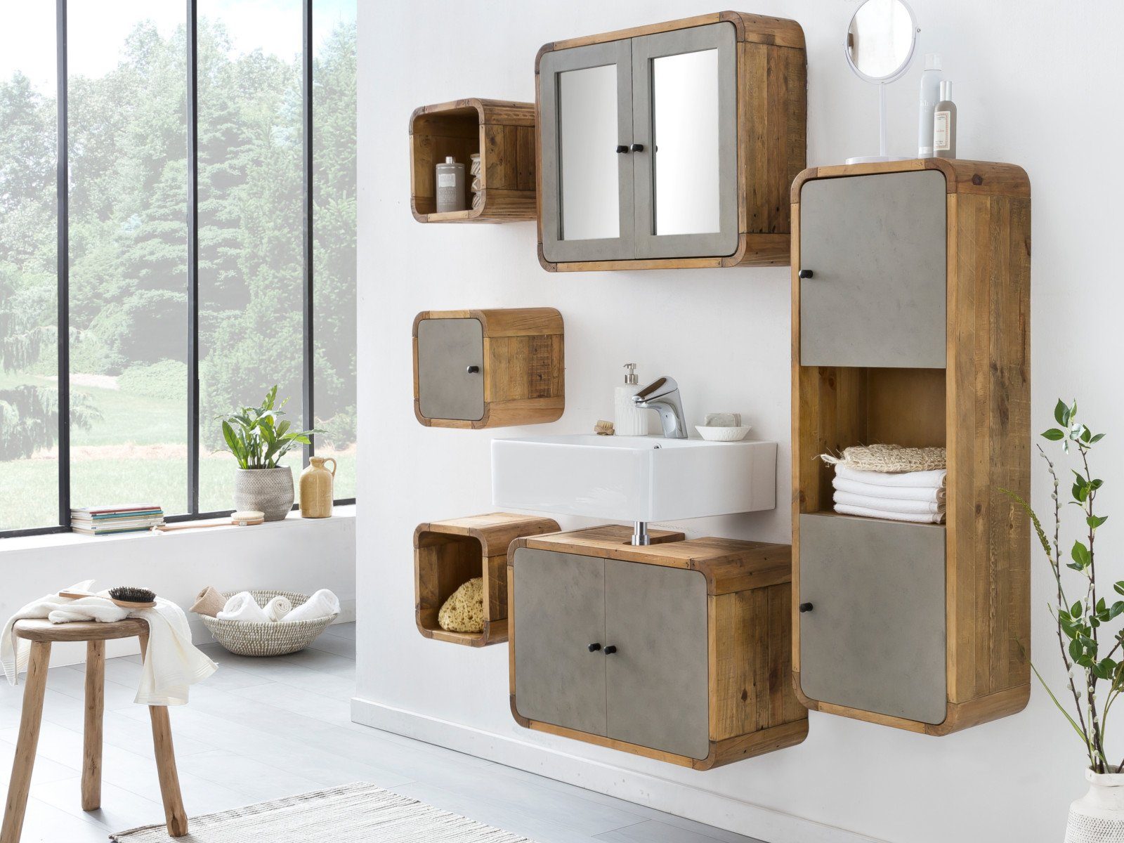 massivum Waschbeckenunterschrank Dingle Massivholz und Betonoptik Badezimmer