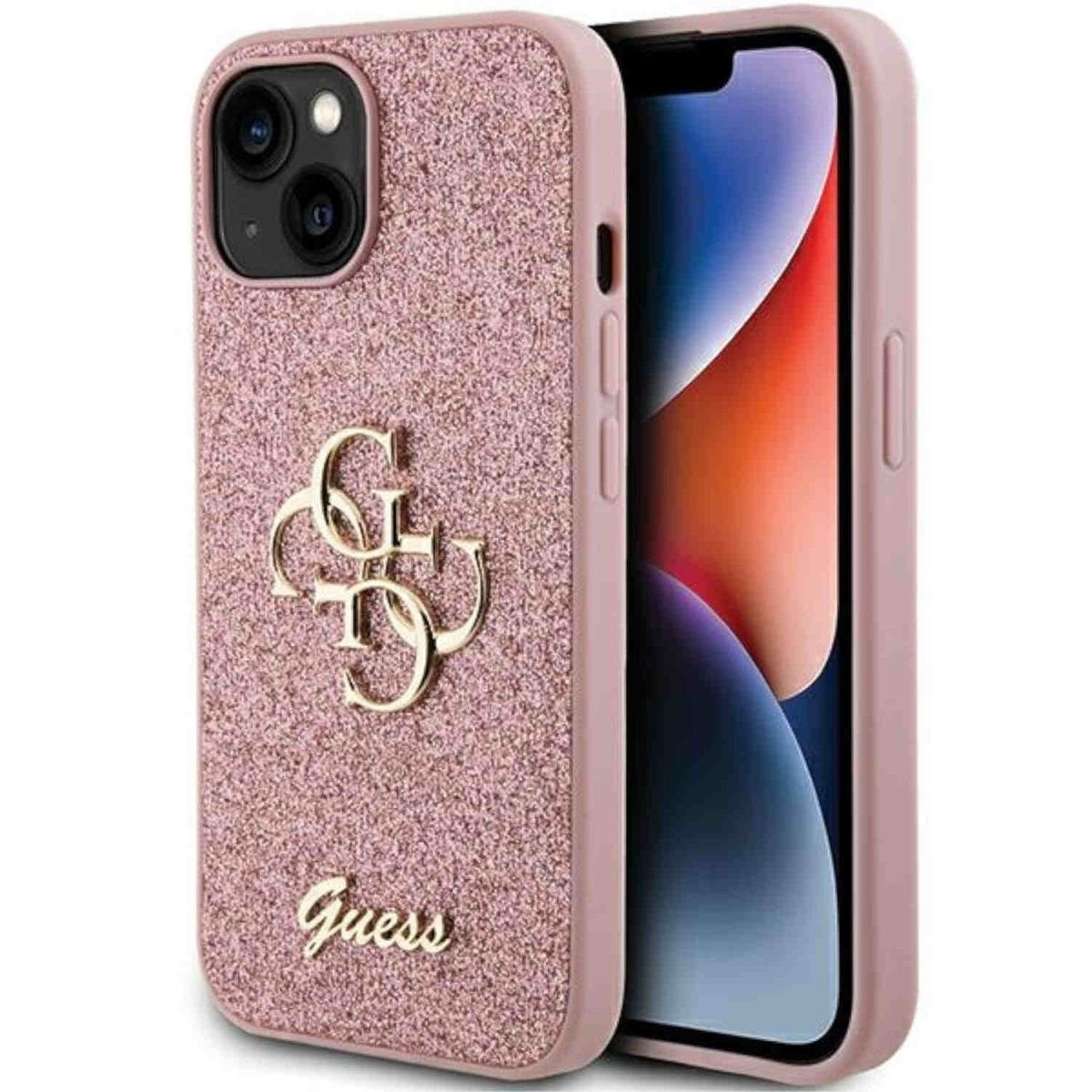 Guess Smartphone-Hülle Guess Apple iPhone 15 Schutzhülle Case Glitter Script Big 4G Rosa