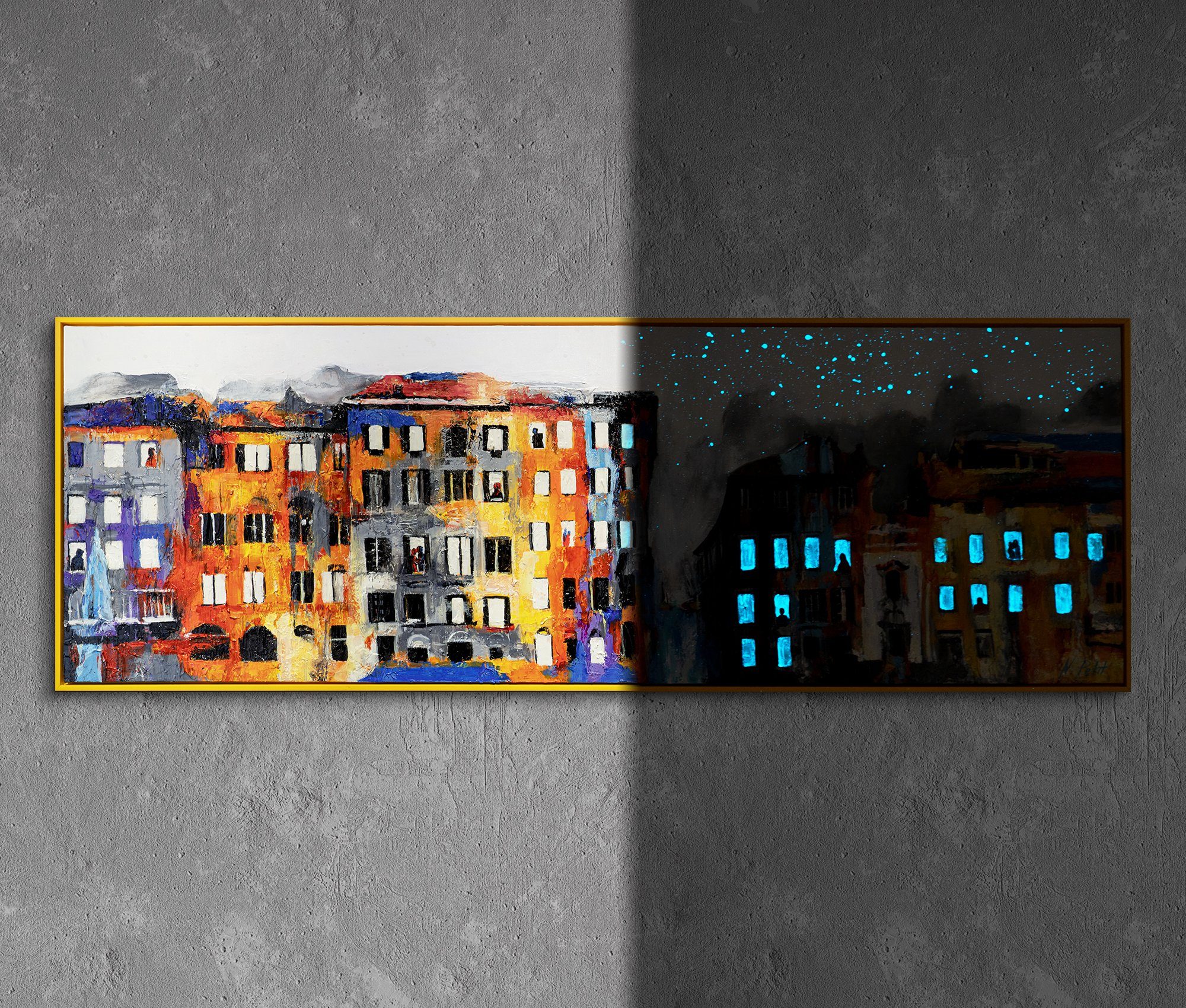 YS-Art Gemälde "Kleinstadt", Architektur, nachtleuchtendes Acryl Leinwandbild einer Großsadt Skyline