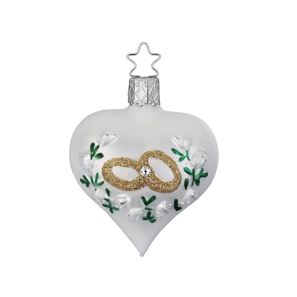 INGE-GLAS® Christbaumschmuck, Christbaumschmuck Glas 7cm Herz mit Ringen und Rosen 1 Stück weiß | Dekohänger