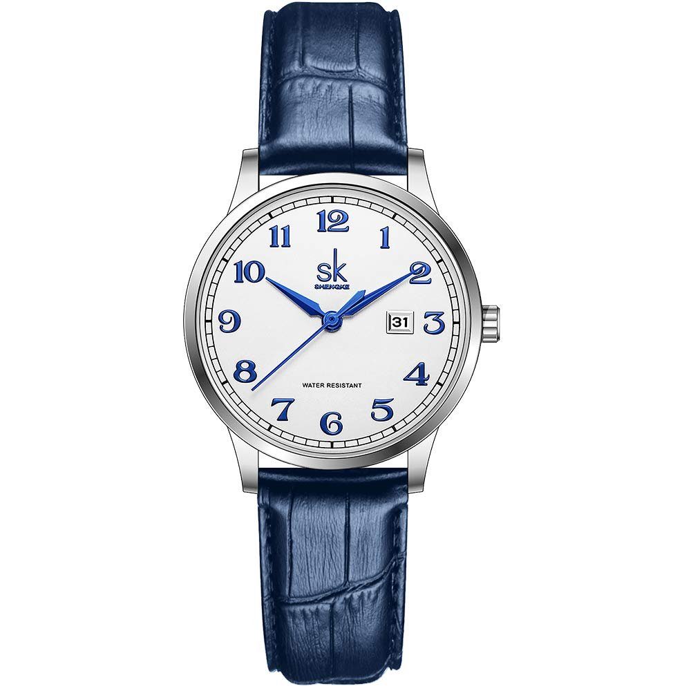 GelldG Uhr Damen Analog Quarz Armbanduhr mit Lederarmband, Edelstahl Uhr Silber, Blau
