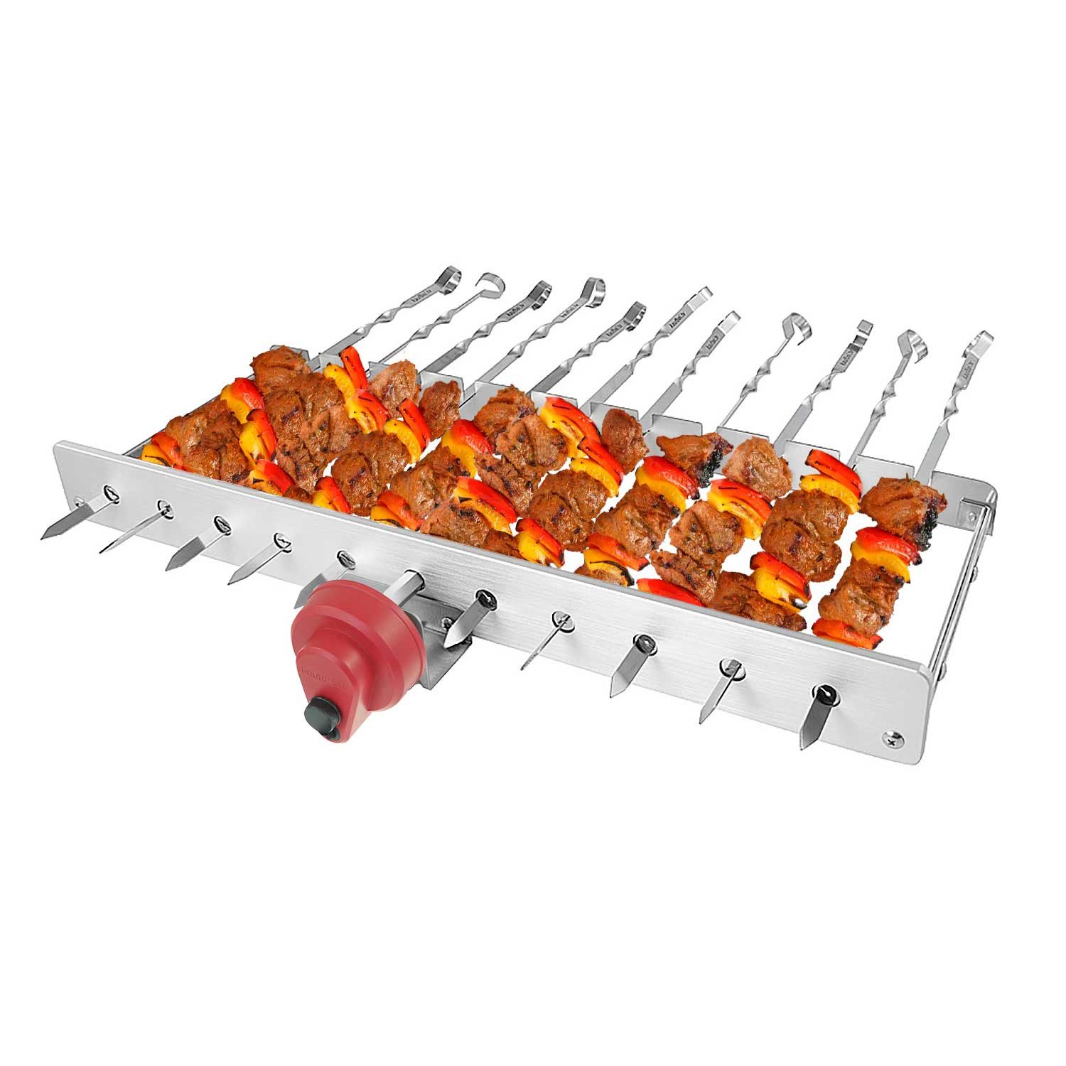 BEM Grillspieß Rambo Grillaufsatz 3.0 Grillzubehör Spießdreher (12 Spieße Mangal Set, Edelstahl Grillaufsatz für einen rechteckigen Grill), Tragetasche + Spieße + Motor und Powerbank inkl.