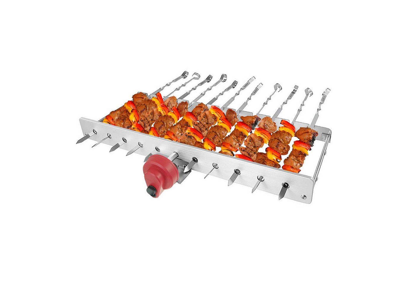 BEM Grillspieß Rambo Grillaufsatz 3.0 Grillzubehör Spießdreher (12 Spieße Mangal Set, Edelstahl Grillaufsatz für einen rechteckigen Grill), Tragetasche + Spieße + Motor und Powerbank inkl.