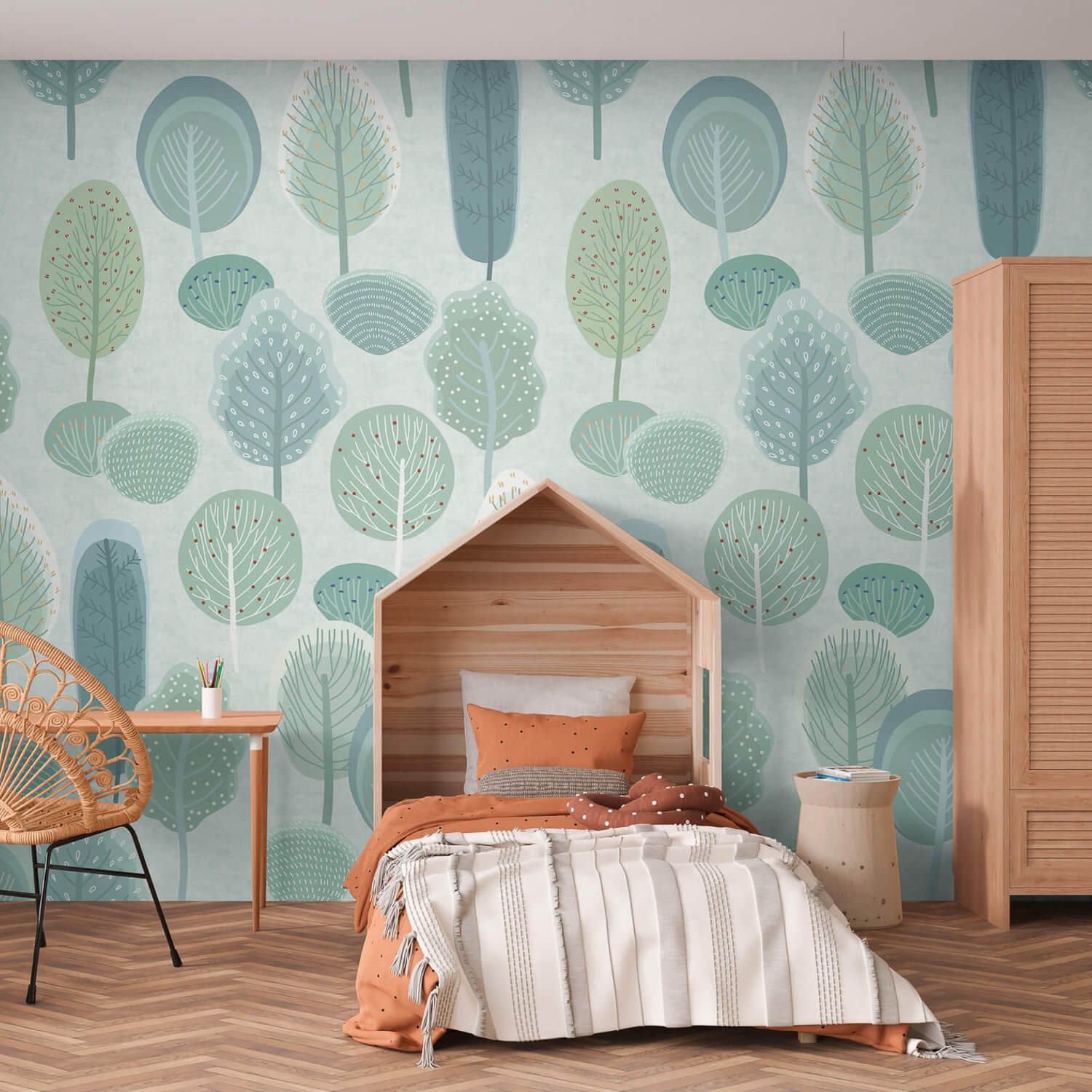 Profhome Fototapete 770711-GU Vliestapete Kinderzimmer Tapete matt grün braun-grau weiß, glatt, (1 Rolle, 4,45 qm), Vliestapete, hellgrün